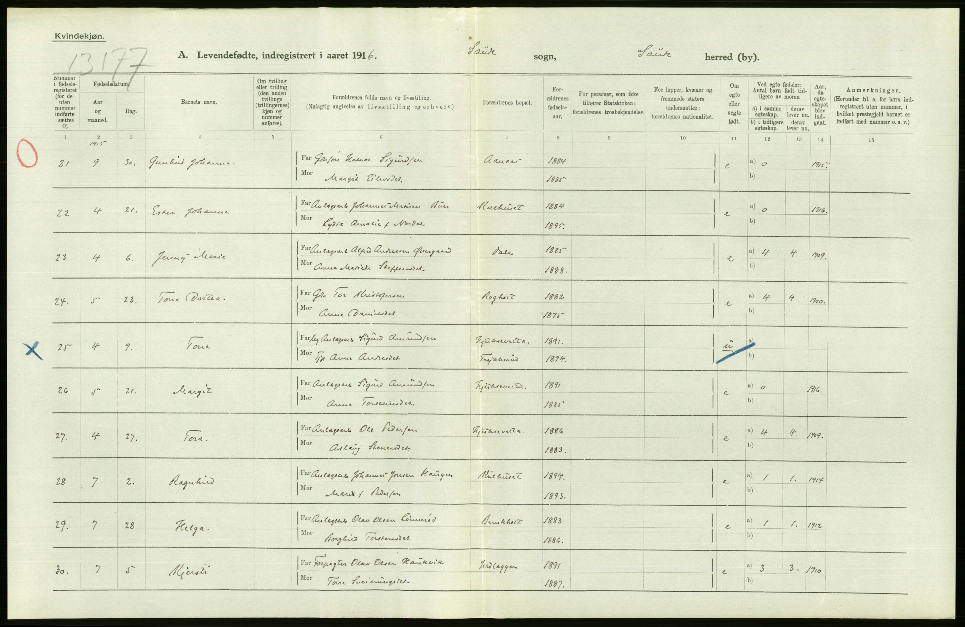 Statistisk sentralbyrå, Sosiodemografiske emner, Befolkning, AV/RA-S-2228/D/Df/Dfb/Dfbf/L0022: Bratsberg amt: Levendefødte menn og kvinner. Bygder., 1916, p. 268