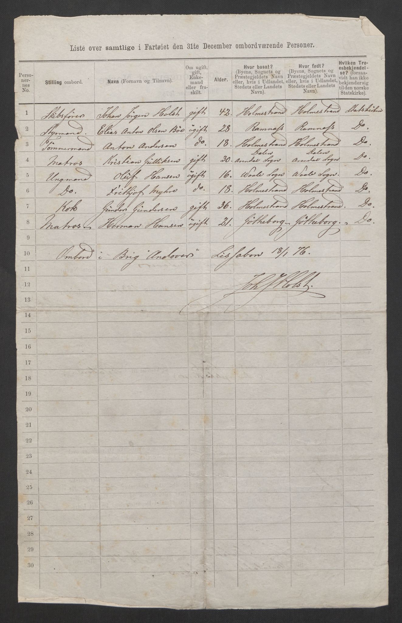 RA, 1875 census, lists of crew on ships: Ships in ports abroad, 1875, p. 334