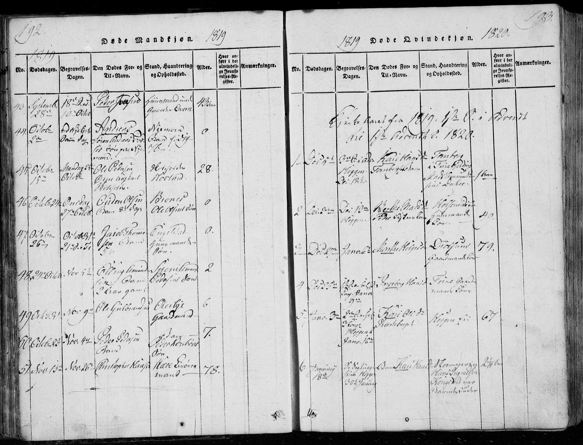 Modum kirkebøker, SAKO/A-234/G/Ga/L0001: Parish register (copy) no. I 1, 1818-1824, p. 192-193