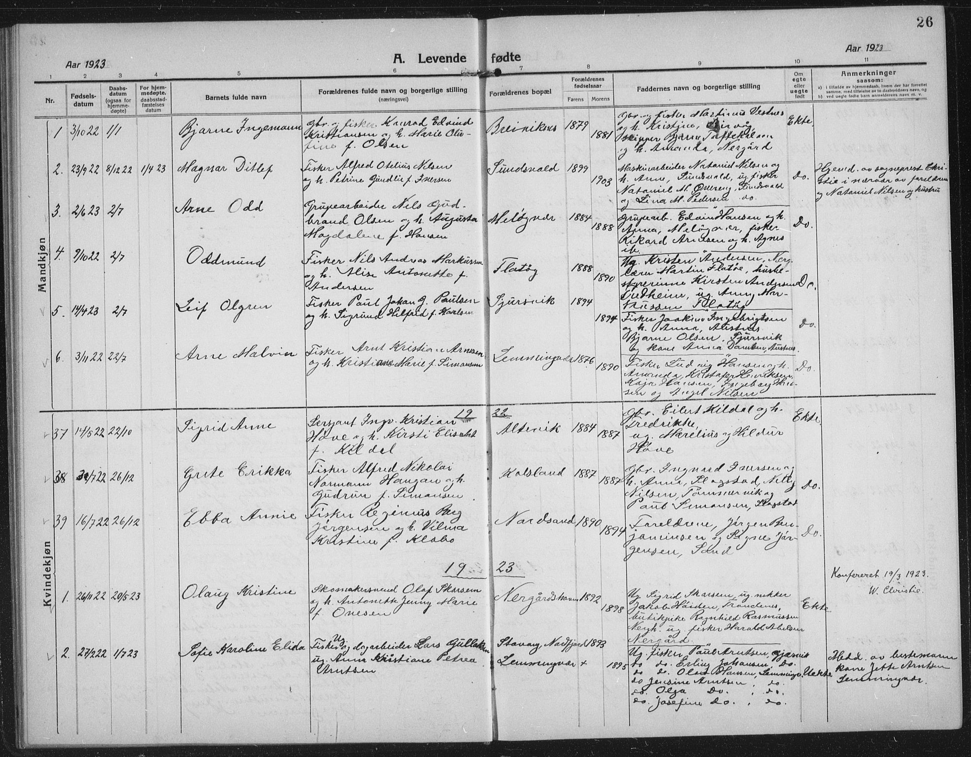 Sand/Bjarkøy sokneprestkontor, AV/SATØ-S-0811/I/Ia/Iab/L0005klokker: Parish register (copy) no. 5, 1919-1937, p. 26