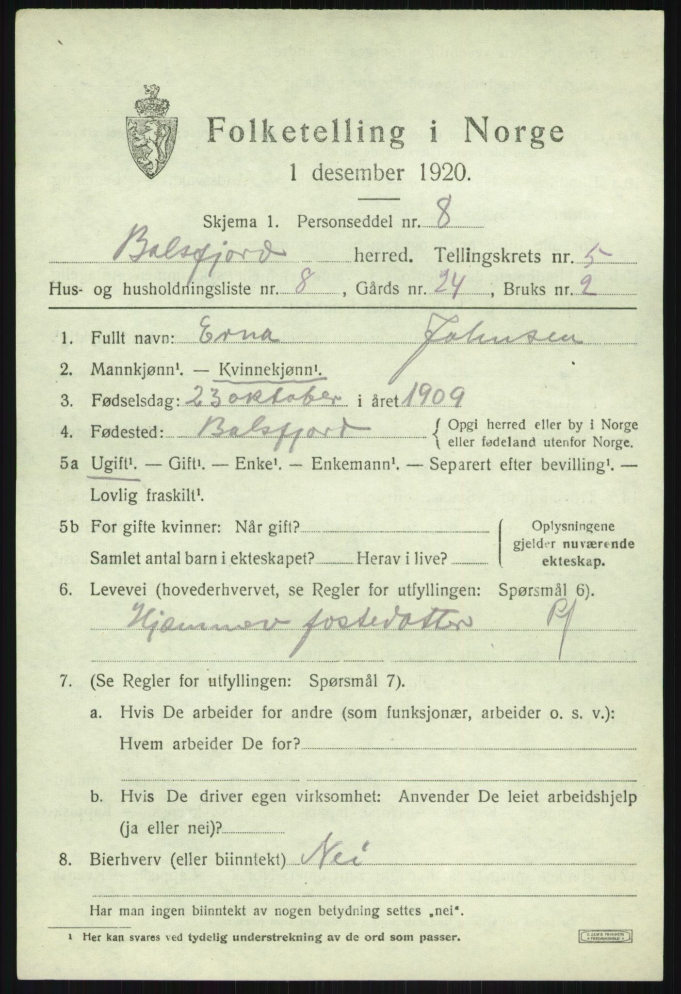 SATØ, 1920 census for Balsfjord, 1920, p. 3214