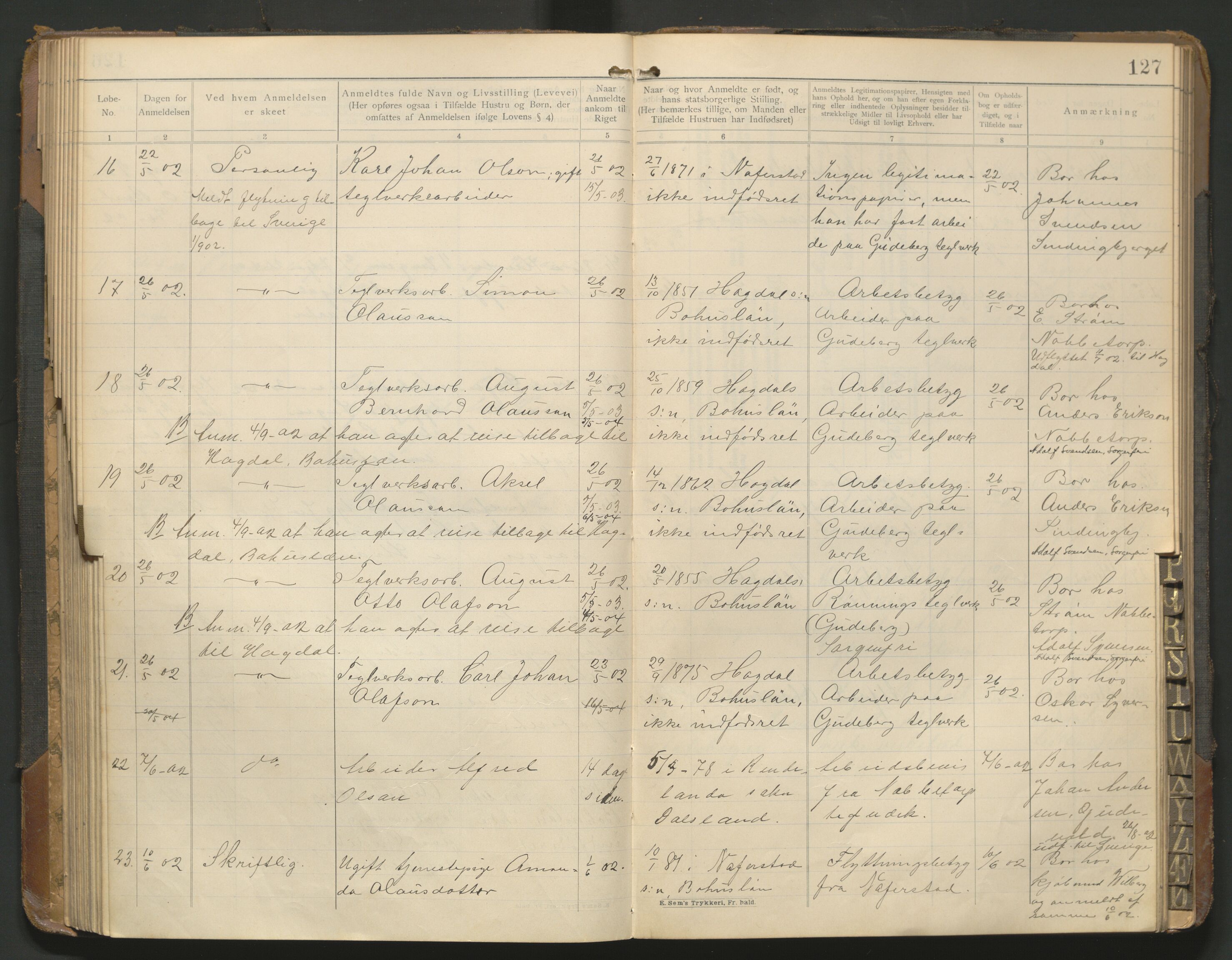 Fredrikstad politikammer, AV/SAO-A-10055/H/Hb/Hba/L0001: Protokoll over fremmede statsborgere, 1901-1916, p. 126b-127a