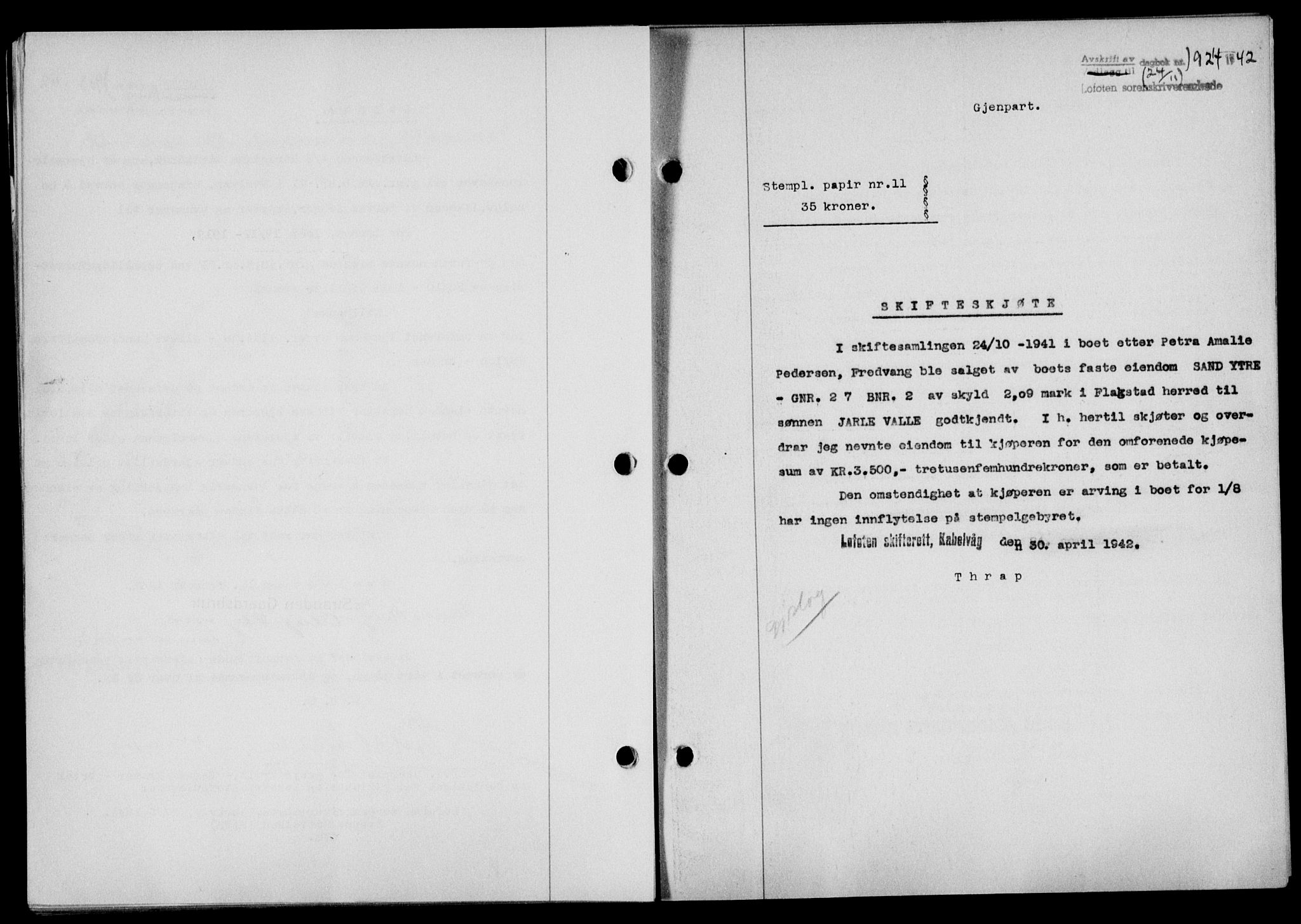 Lofoten sorenskriveri, SAT/A-0017/1/2/2C/L0010a: Mortgage book no. 10a, 1942-1943, Diary no: : 1924/1942