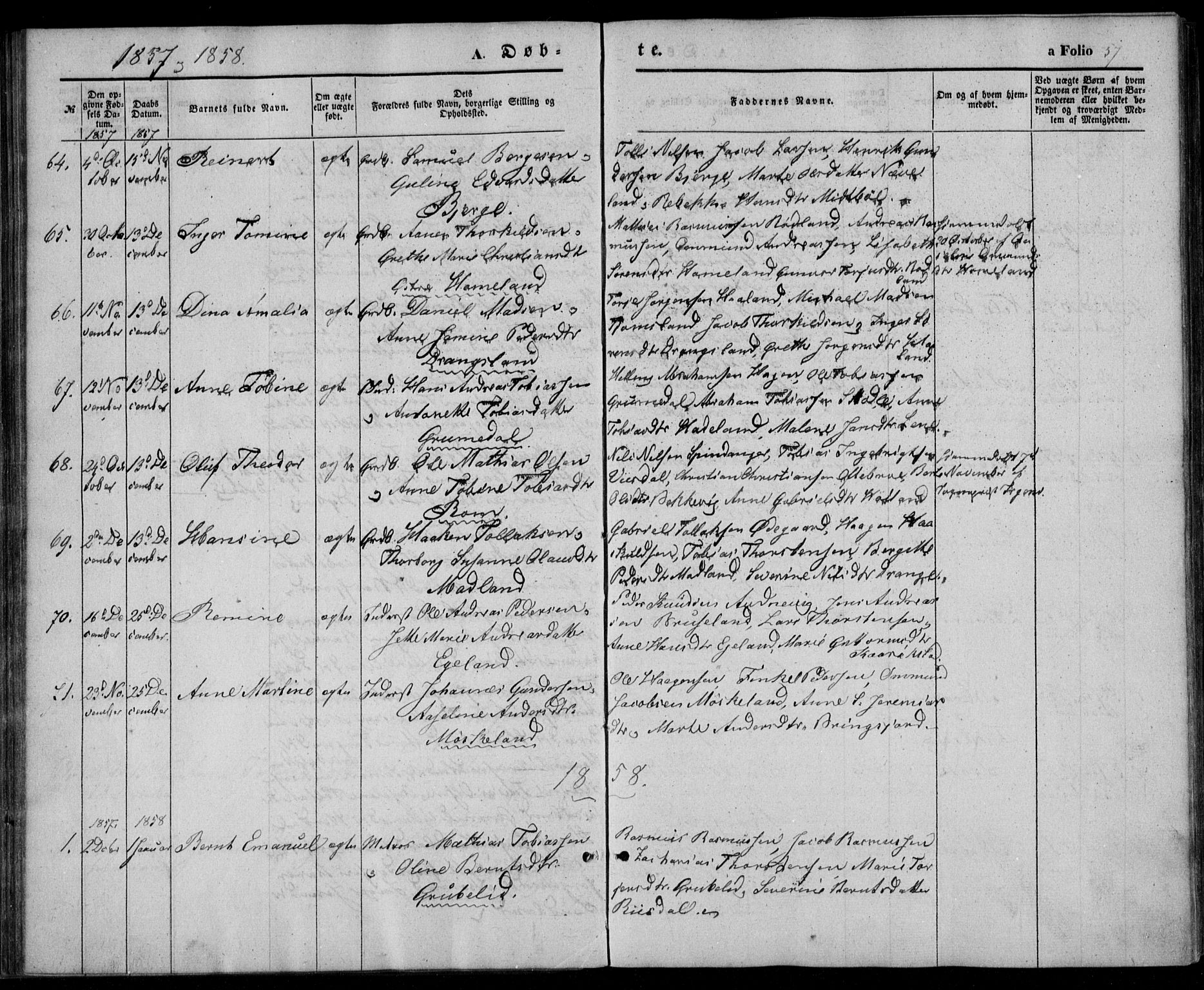 Lyngdal sokneprestkontor, SAK/1111-0029/F/Fa/Fac/L0009: Parish register (official) no. A 9, 1852-1864, p. 57