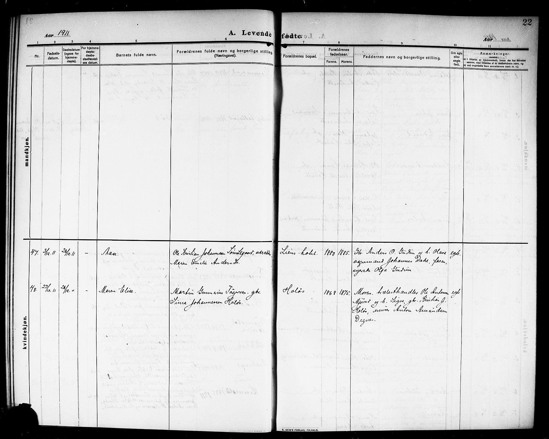 Rakkestad prestekontor Kirkebøker, AV/SAO-A-2008/G/Ga/L0001: Parish register (copy) no. I 1, 1909-1920, p. 22