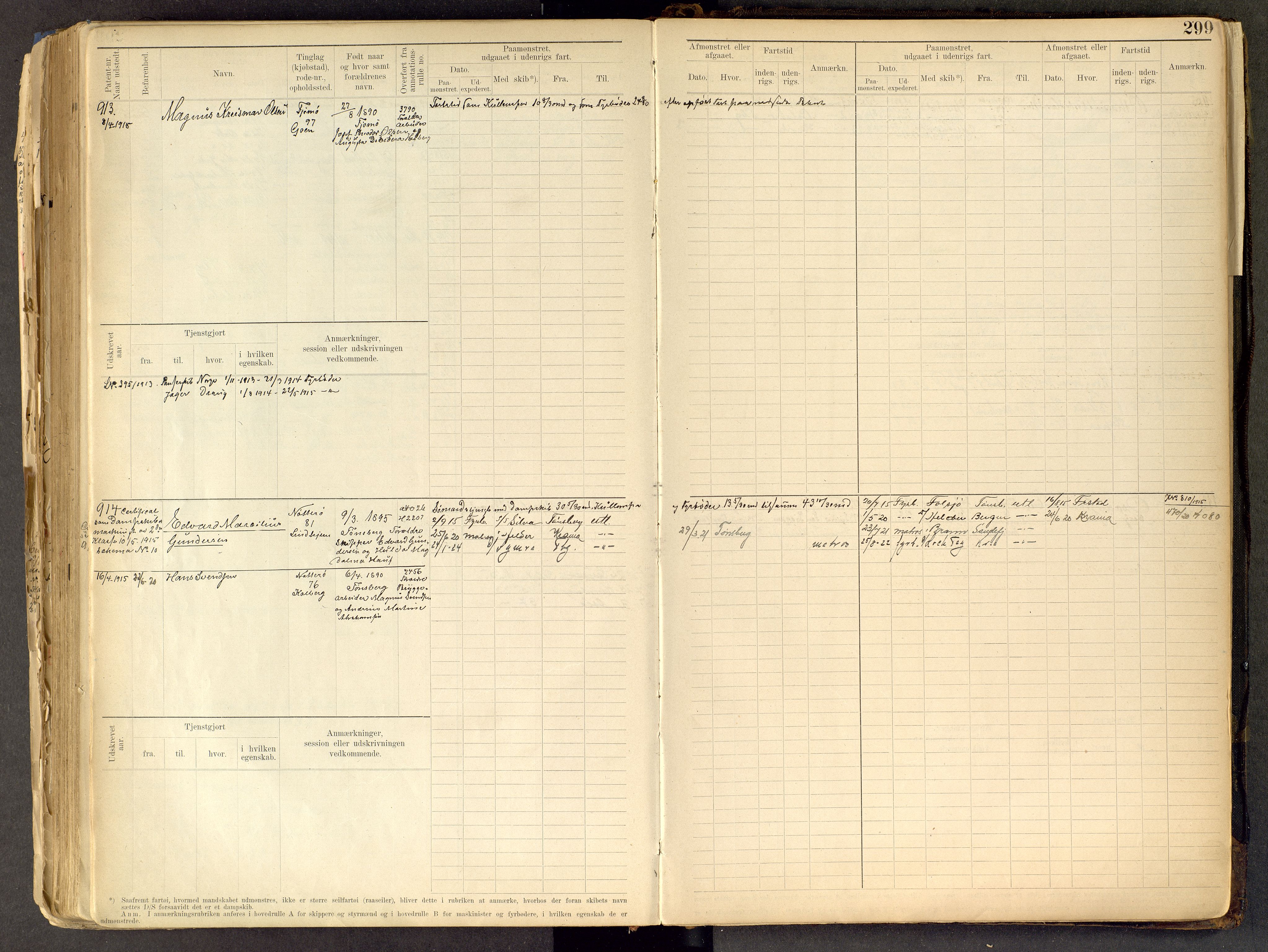 Tønsberg innrulleringskontor, AV/SAKO-A-786/F/Fe/L0002: Maskinist- og fyrbøterrulle Patent nr. 315-1110, 1902-1924, p. 299