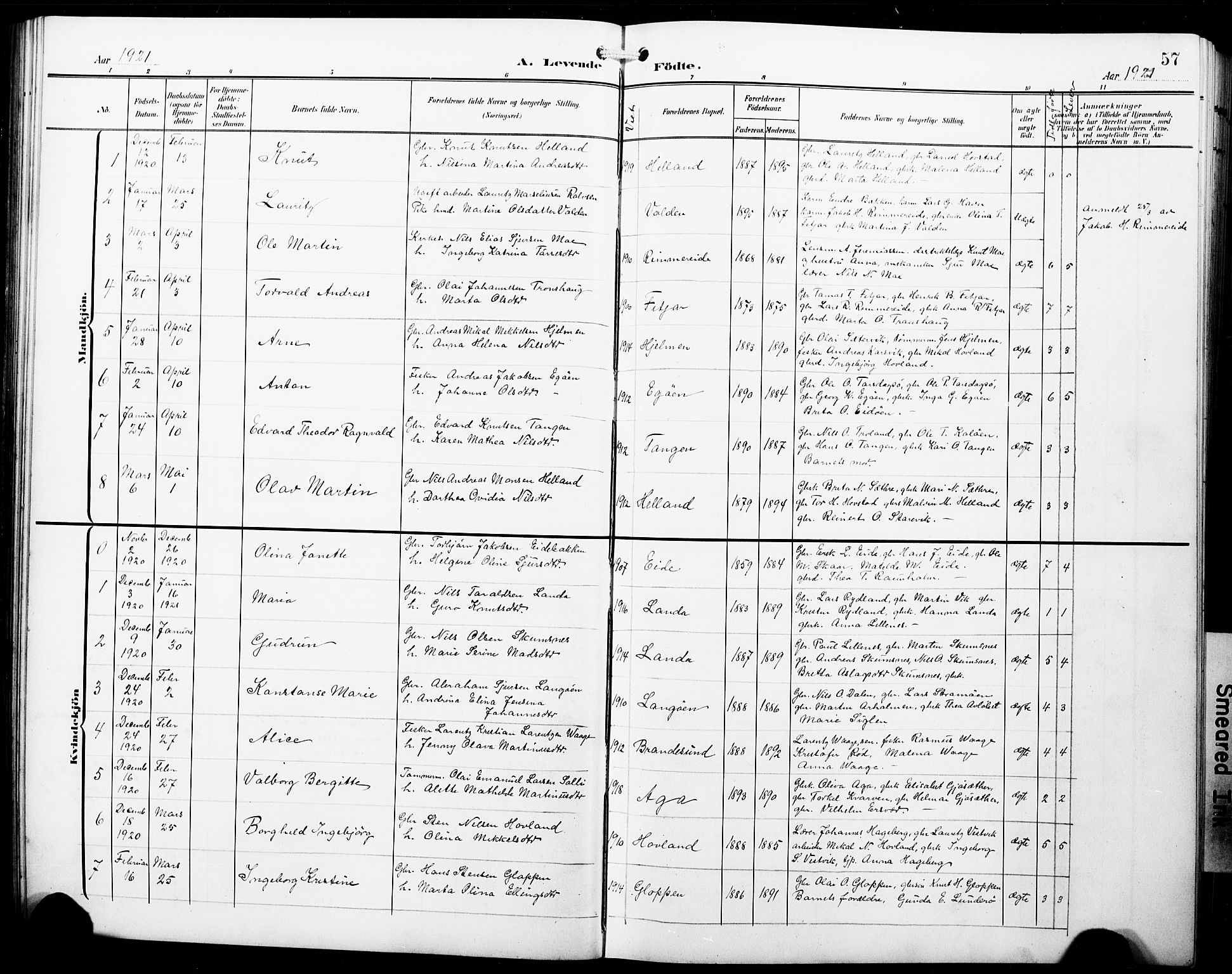 Fitjar sokneprestembete, AV/SAB-A-99926: Parish register (copy) no. B 1, 1906-1928, p. 57