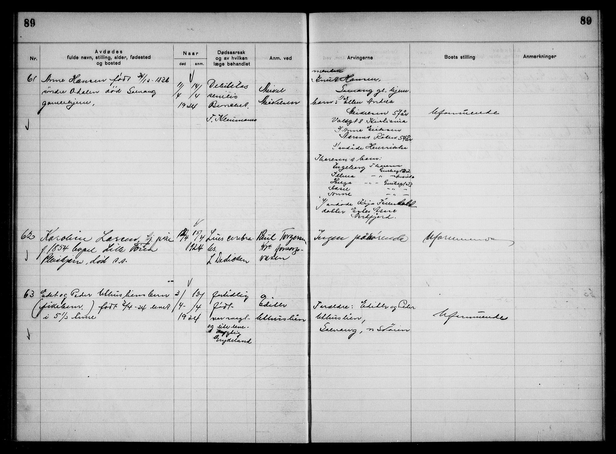 Aker kriminaldommer, skifte- og auksjonsforvalterembete, AV/SAO-A-10452/H/Hb/Hba/Hbac/L0001: Dødsfallsprotokoll for Østre Aker, 1922-1927, p. 89