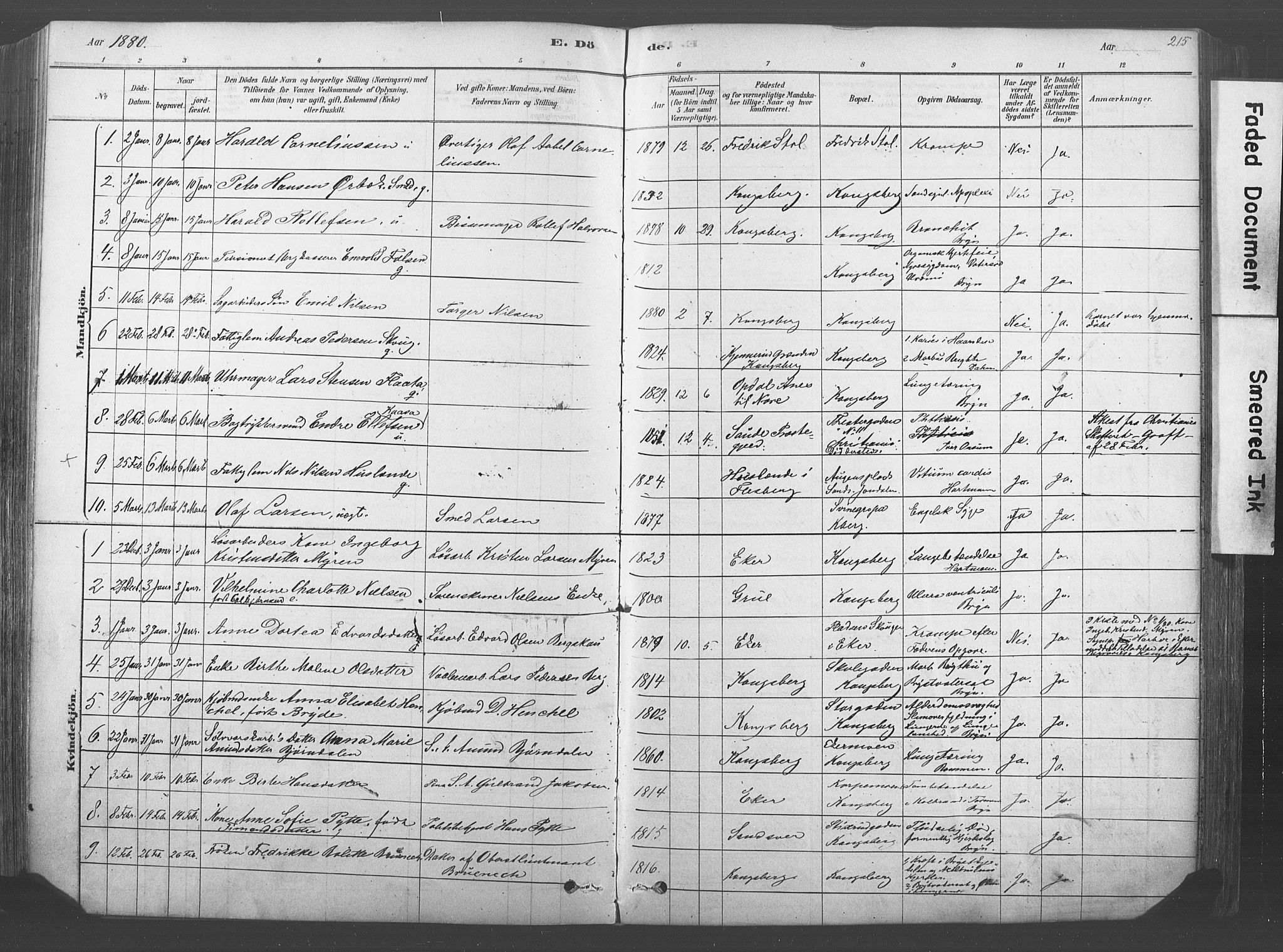 Kongsberg kirkebøker, SAKO/A-22/F/Fb/L0001: Parish register (official) no. II 1, 1878-1886, p. 215