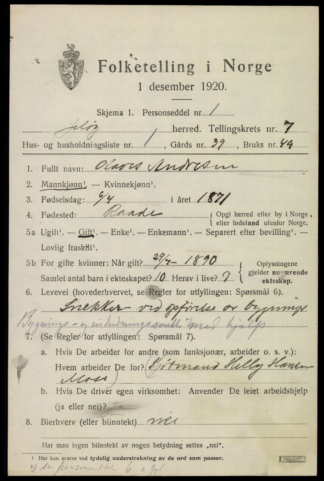 SAO, 1920 census for Moss land district, 1920, p. 7421