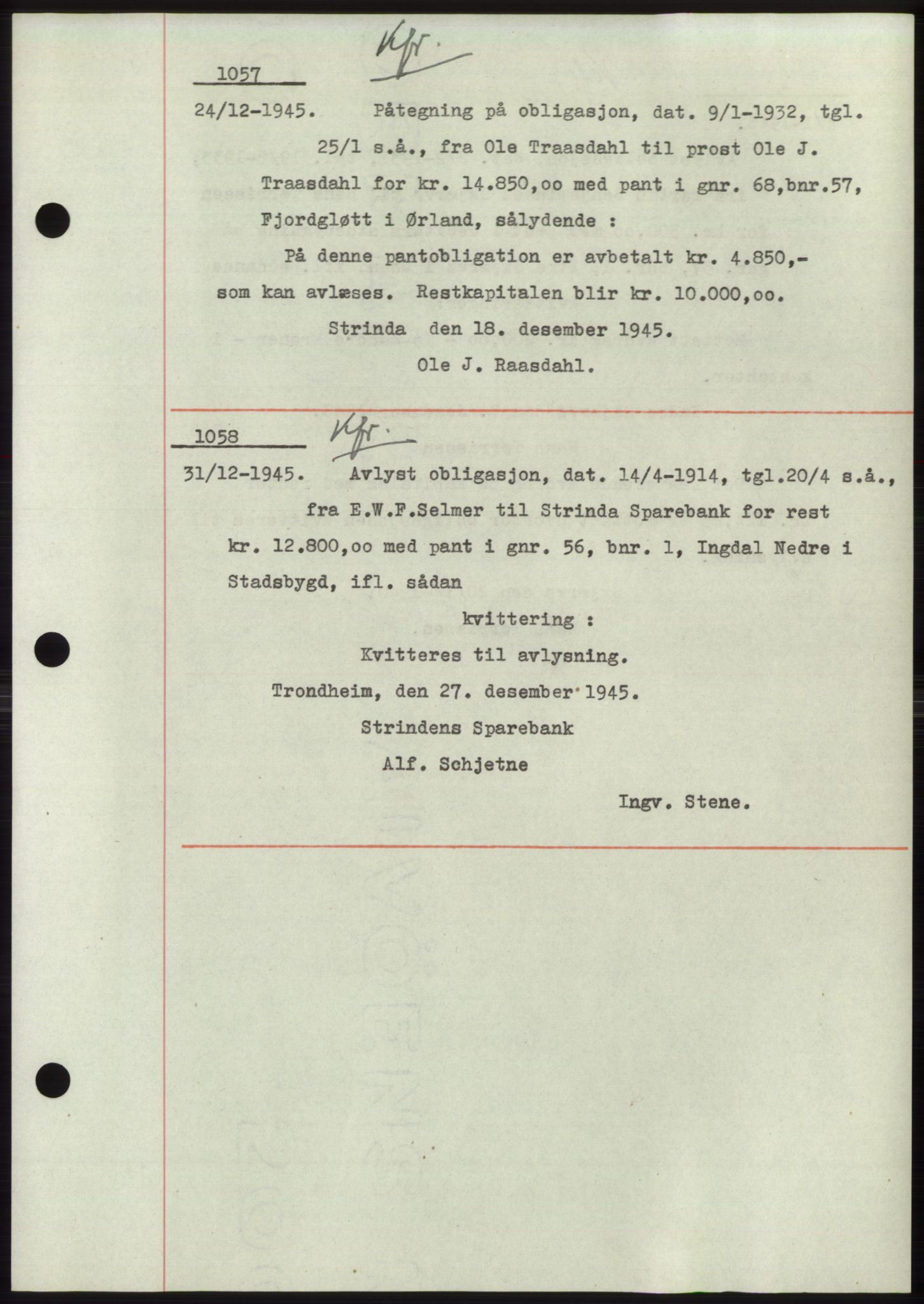 Fosen sorenskriveri, AV/SAT-A-1107/1/2/2C: Mortgage book no. B1, 1943-1946, Diary no: : 1057/1945