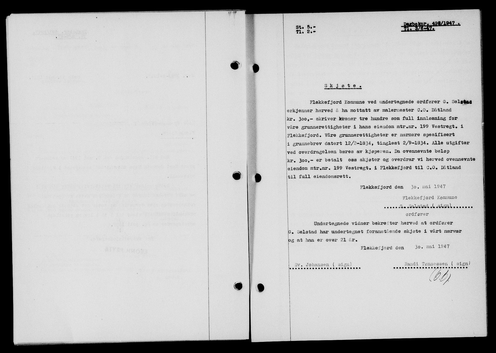 Flekkefjord sorenskriveri, SAK/1221-0001/G/Gb/Gba/L0062: Mortgage book no. A-10, 1947-1947, Diary no: : 498/1947