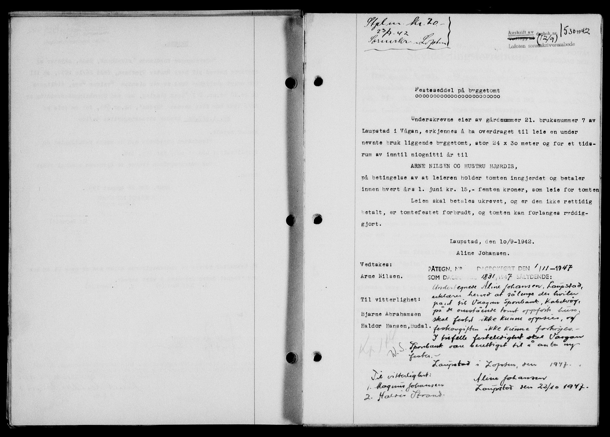 Lofoten sorenskriveri, SAT/A-0017/1/2/2C/L0010a: Mortgage book no. 10a, 1942-1943, Diary no: : 1530/1942