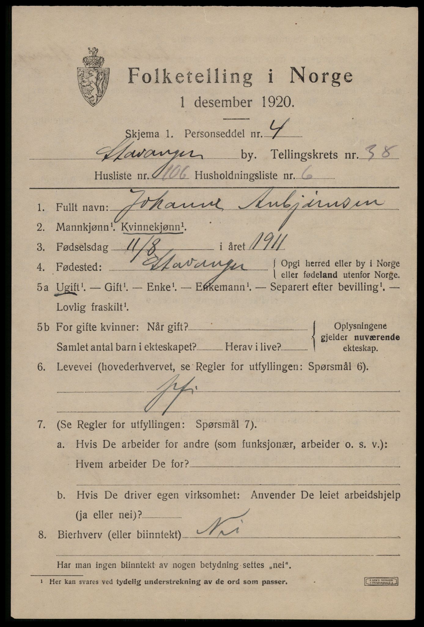 SAST, 1920 census for Stavanger, 1920, p. 101038