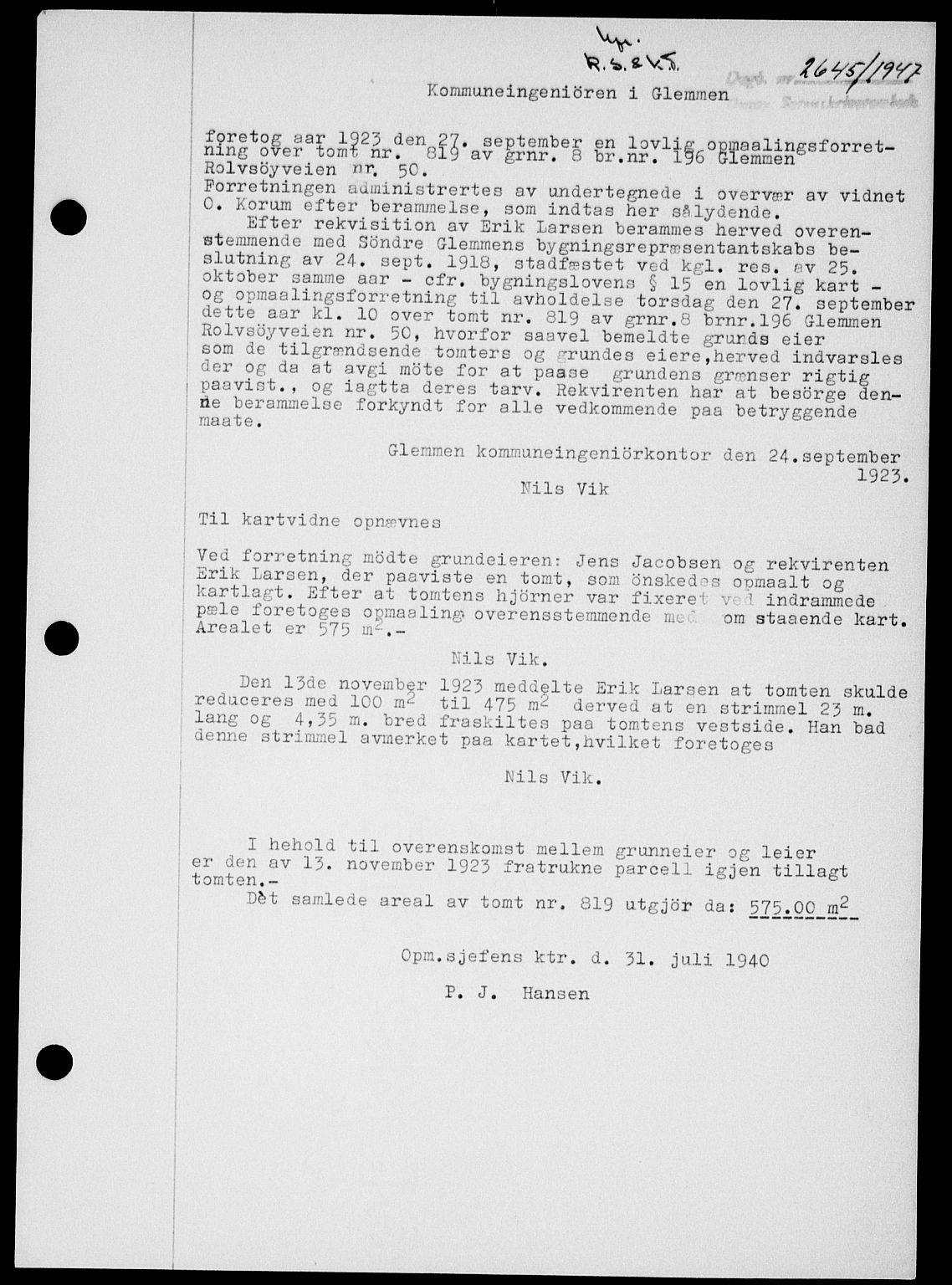 Onsøy sorenskriveri, SAO/A-10474/G/Ga/Gab/L0021: Mortgage book no. II A-21, 1947-1947, Diary no: : 2645/1947