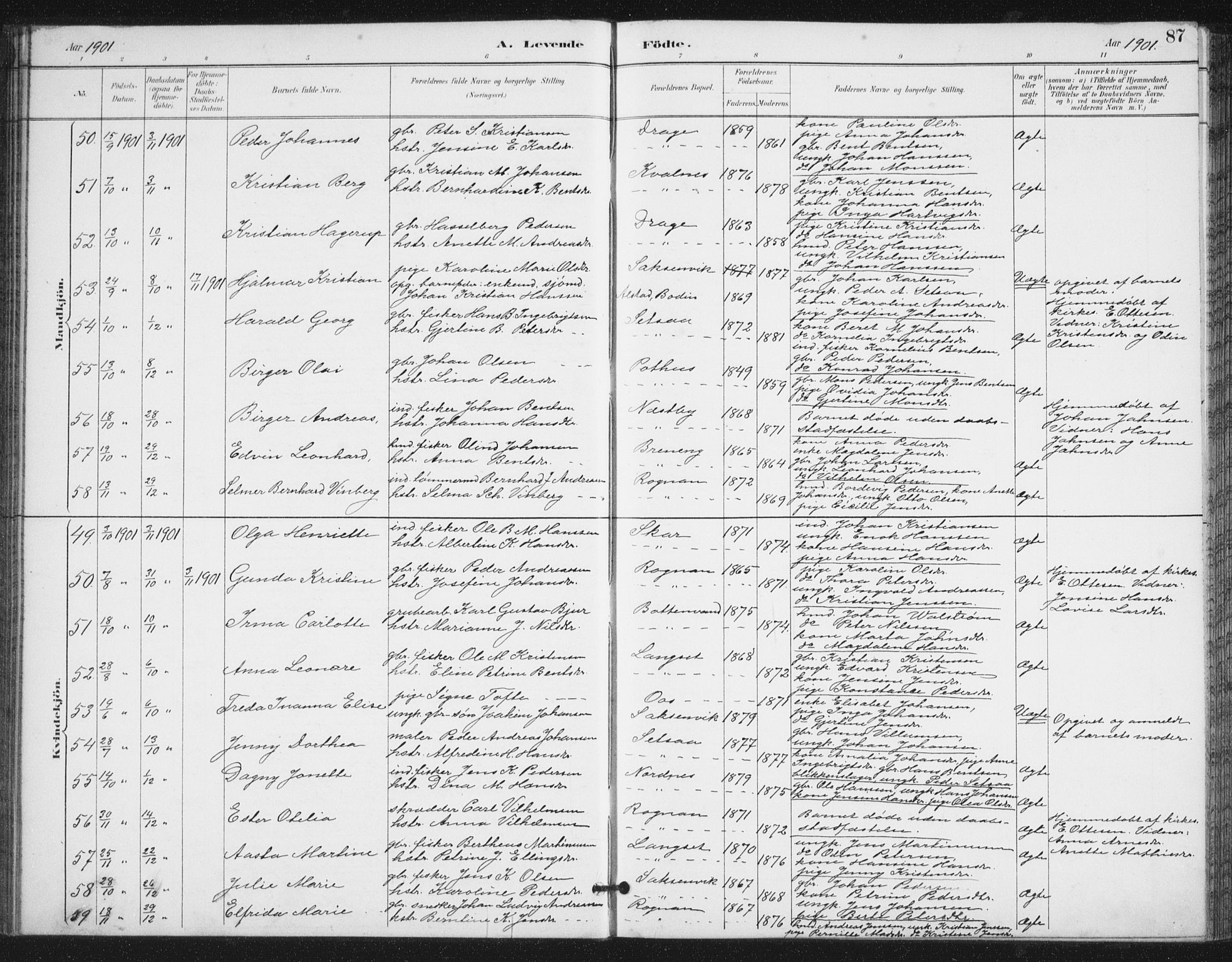 Ministerialprotokoller, klokkerbøker og fødselsregistre - Nordland, AV/SAT-A-1459/847/L0682: Parish register (copy) no. 847C10, 1889-1907, p. 87