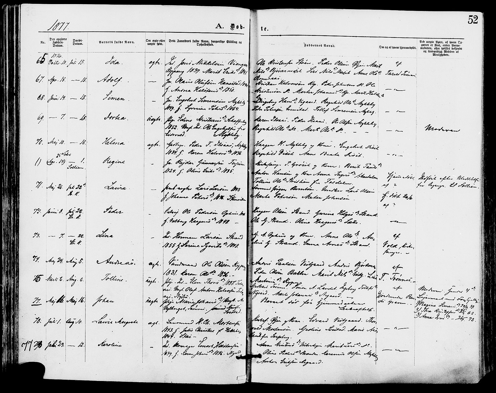 Stor-Elvdal prestekontor, AV/SAH-PREST-052/H/Ha/Haa/L0001: Parish register (official) no. 1, 1871-1882, p. 52