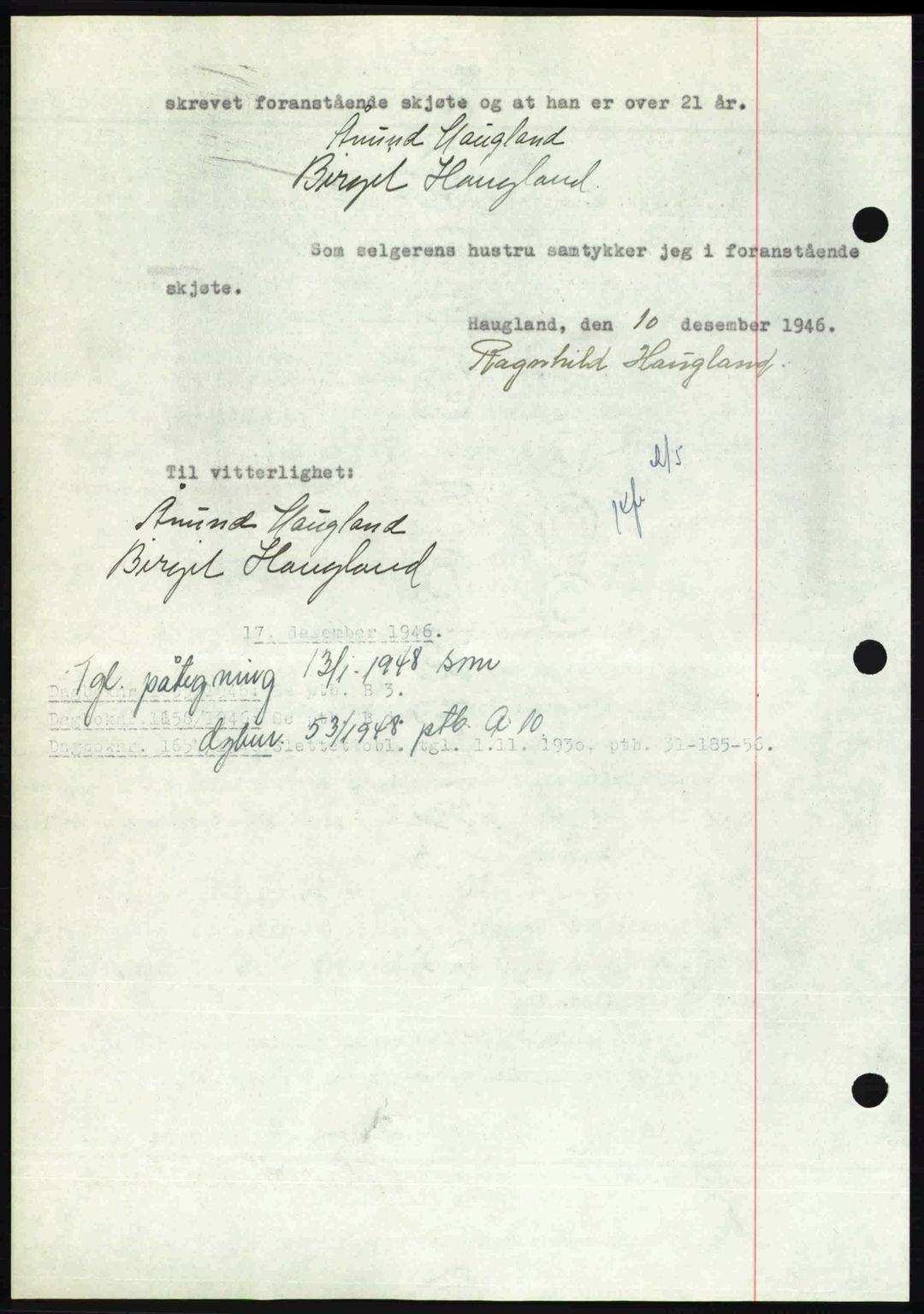 Nedenes sorenskriveri, AV/SAK-1221-0006/G/Gb/Gba/L0056: Mortgage book no. A8, 1946-1947, Diary no: : 1654/1946