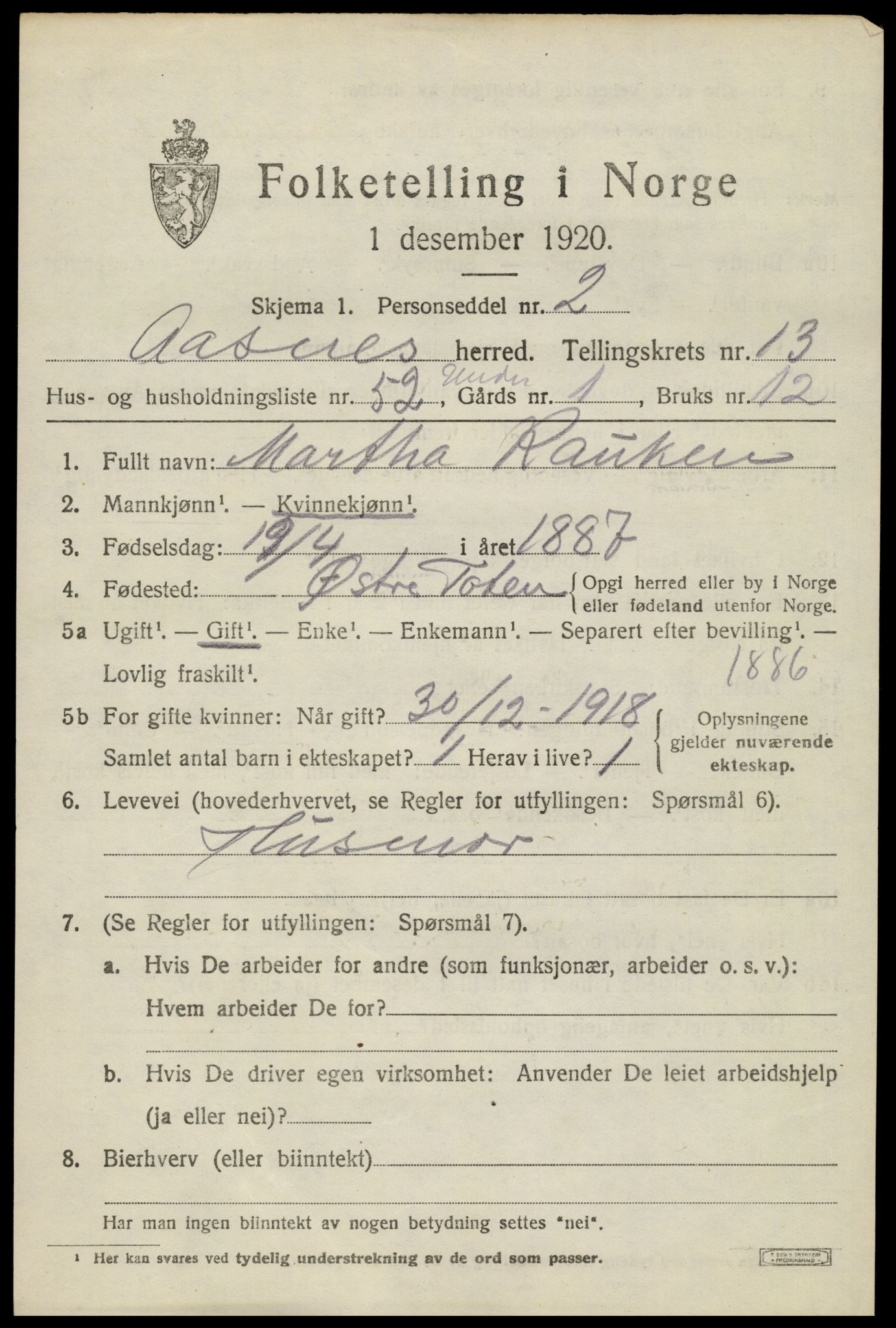 SAH, 1920 census for Åsnes, 1920, p. 13340