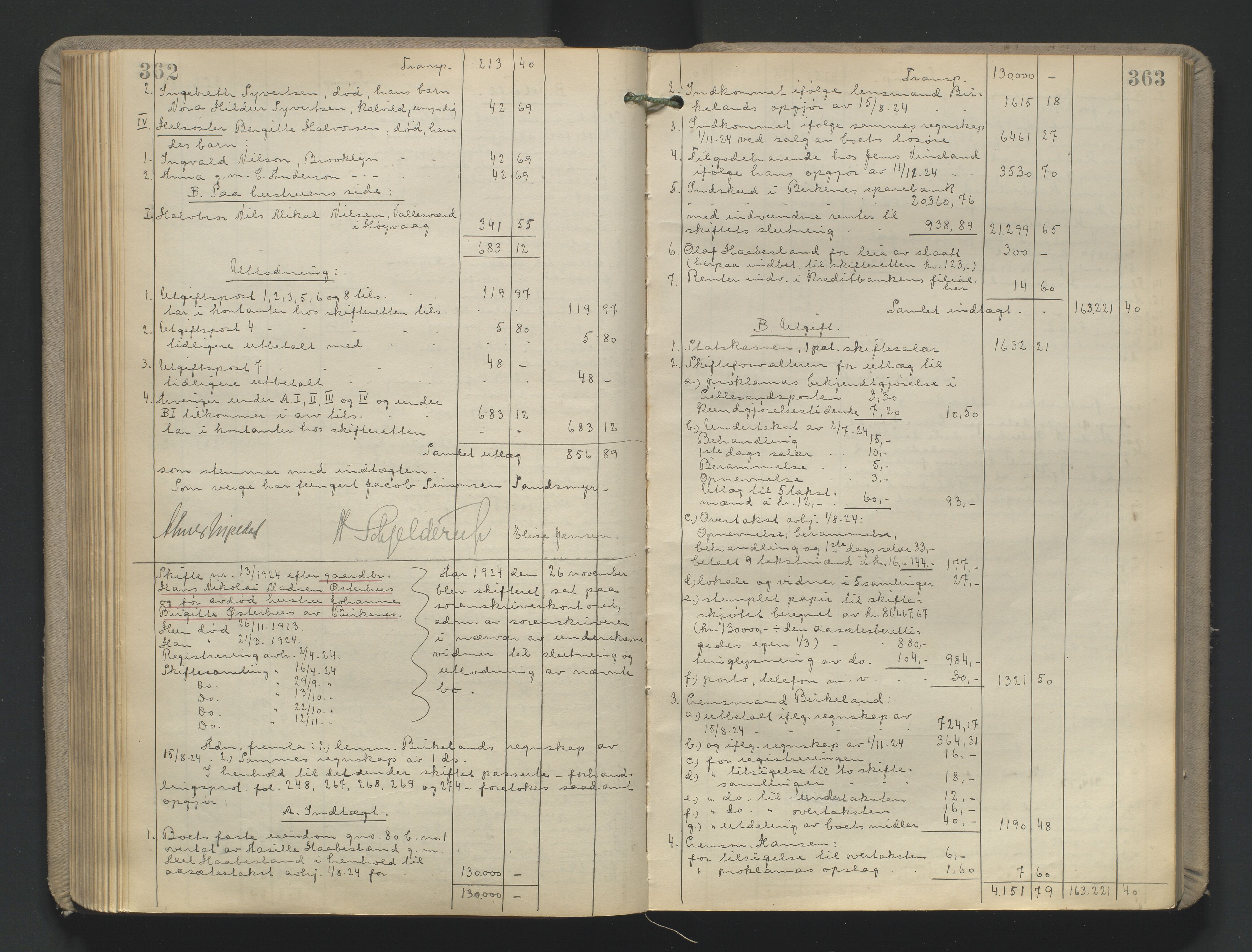 Vestre Nedenes/Sand sorenskriveri, AV/SAK-1221-0010/H/Hc/L0022: Skifteutlodningsprotokoll nr. 9, 1919-1932, p. 362-363