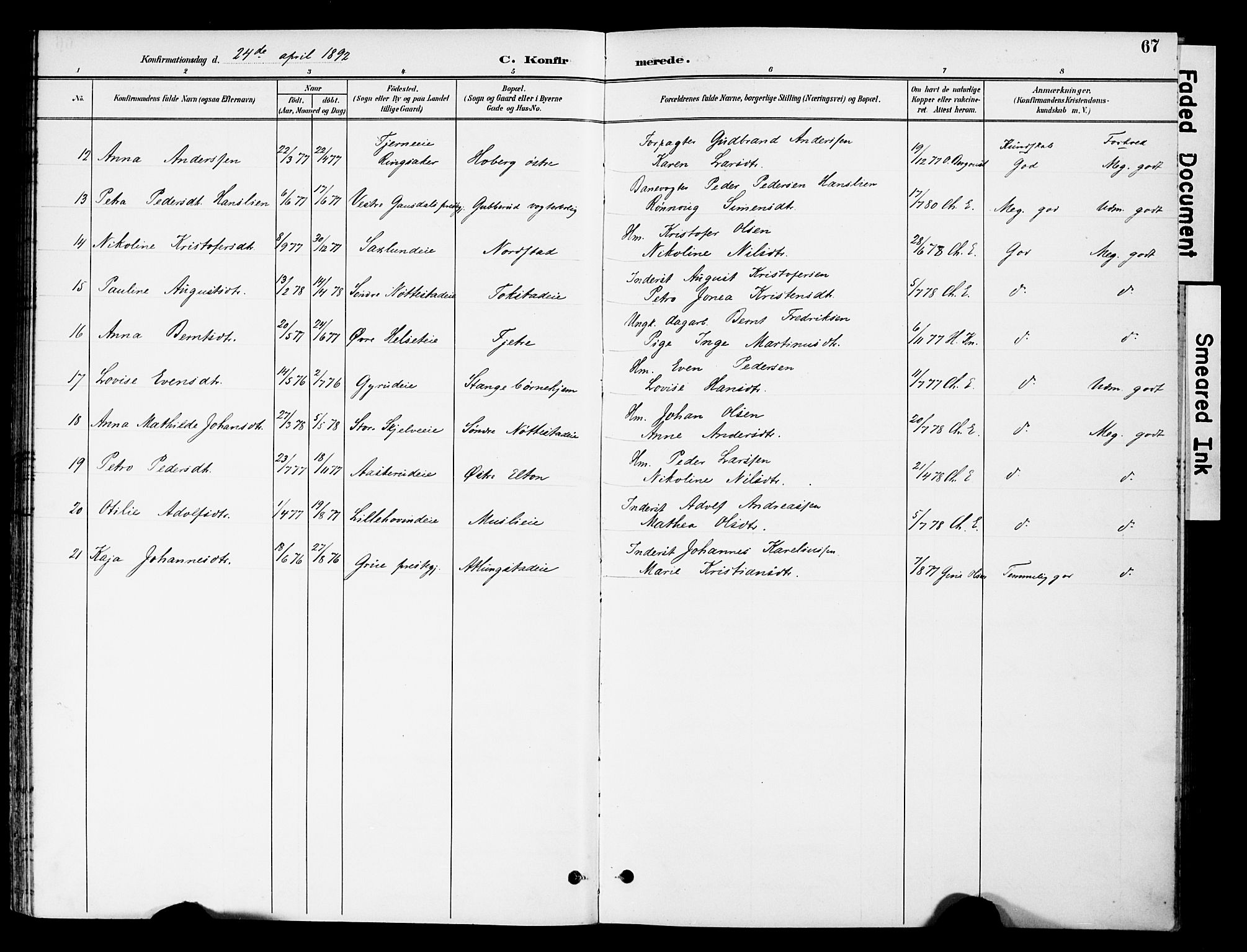 Stange prestekontor, AV/SAH-PREST-002/K/L0021: Parish register (official) no. 21, 1891-1902, p. 67