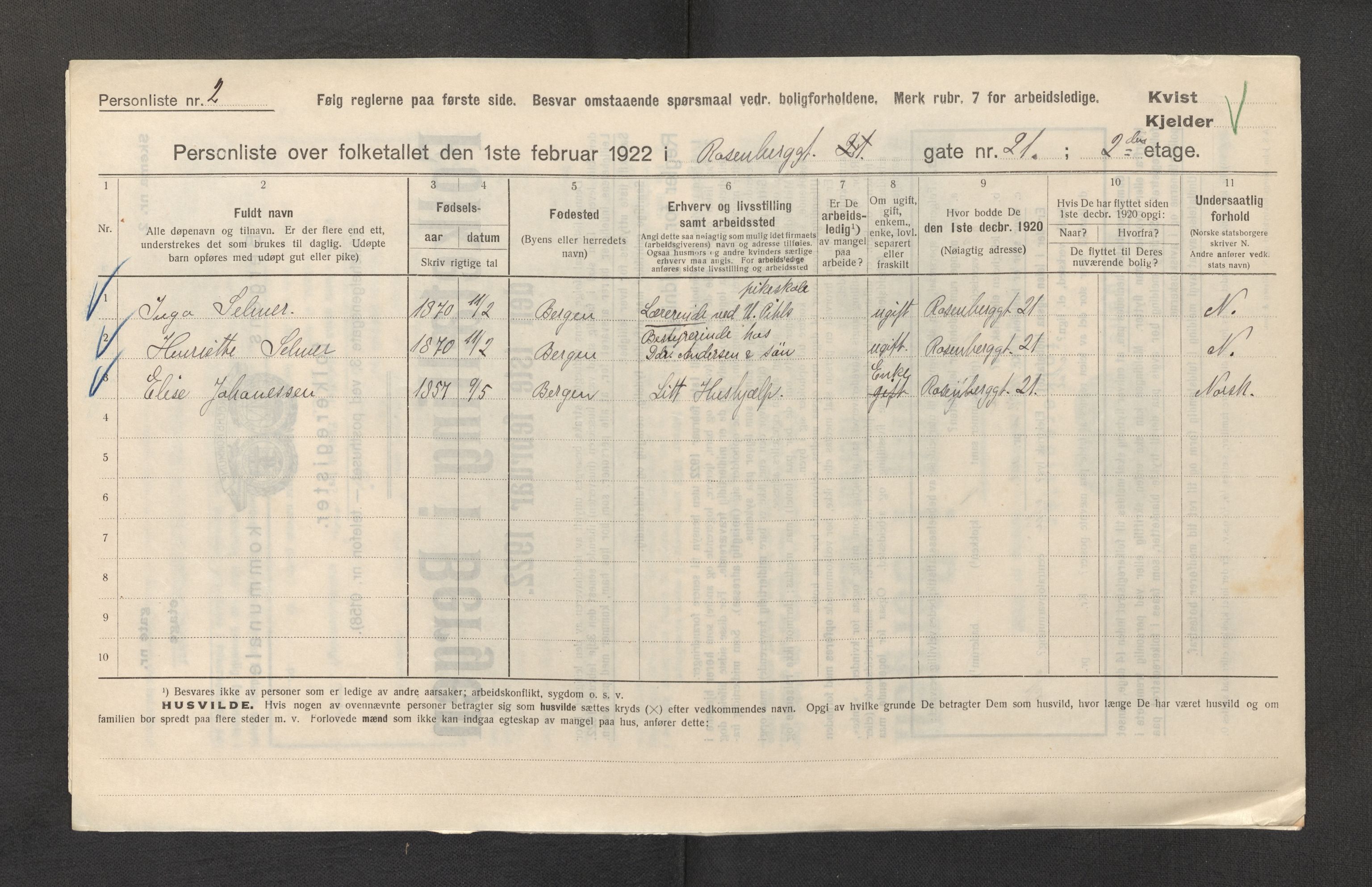 SAB, Municipal Census 1922 for Bergen, 1922, p. 33069