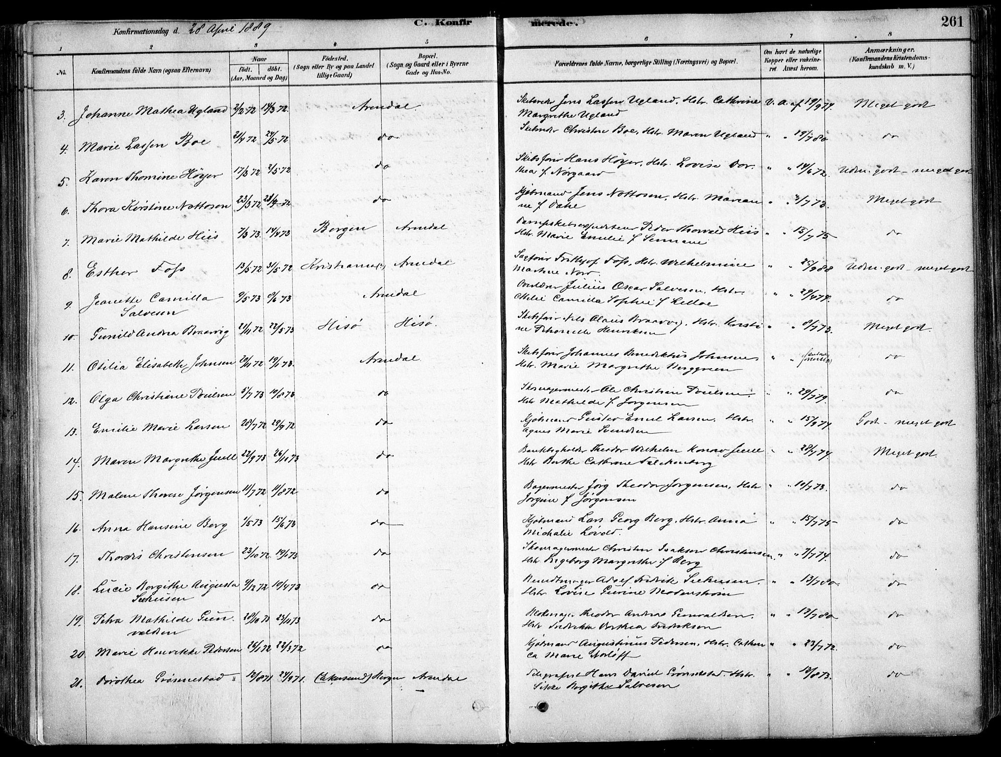 Arendal sokneprestkontor, Trefoldighet, AV/SAK-1111-0040/F/Fa/L0008: Parish register (official) no. A 8, 1878-1899, p. 261