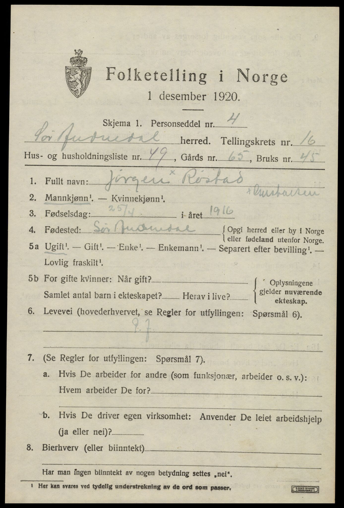 SAK, 1920 census for Sør-Audnedal, 1920, p. 6305