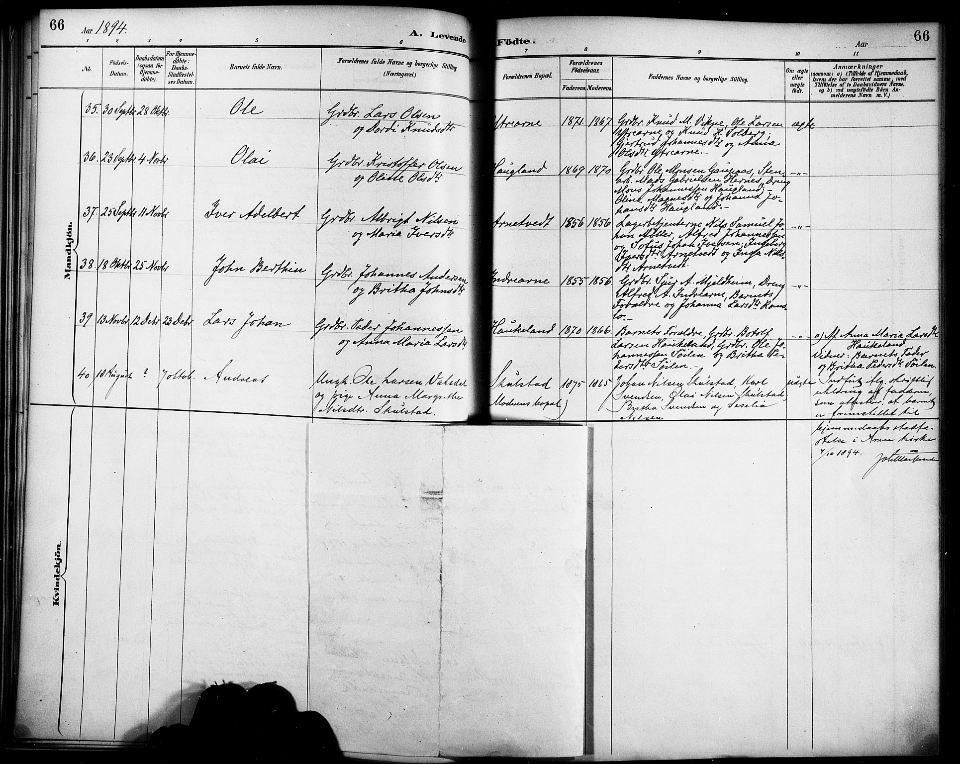 Haus sokneprestembete, AV/SAB-A-75601/H/Haa/Haad/L0001: Parish register (official) no. D 1, 1887-1898, p. 66