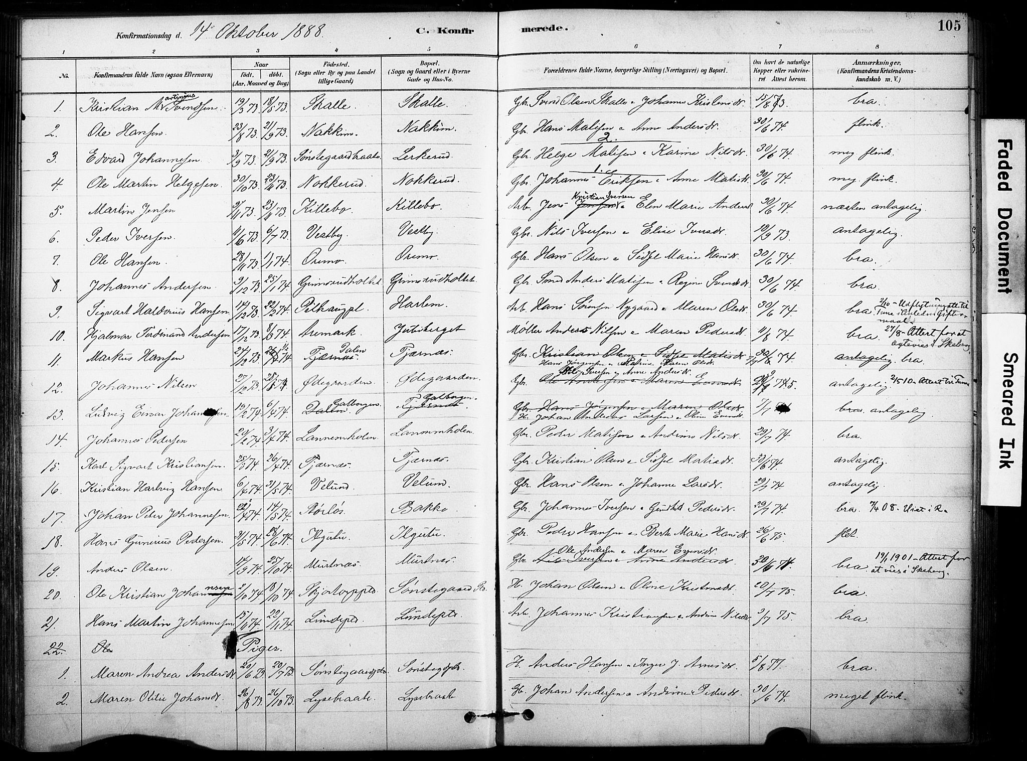 Rakkestad prestekontor Kirkebøker, AV/SAO-A-2008/F/Fb/L0001: Parish register (official) no. II 1, 1878-1899, p. 105