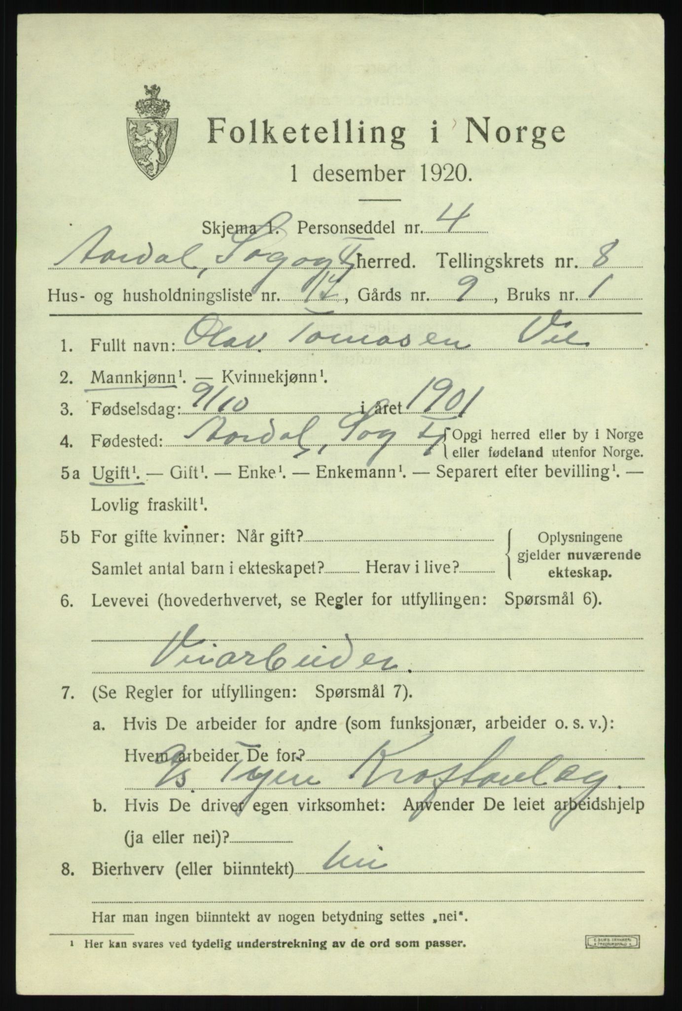 SAB, 1920 census for Årdal, 1920, p. 3829