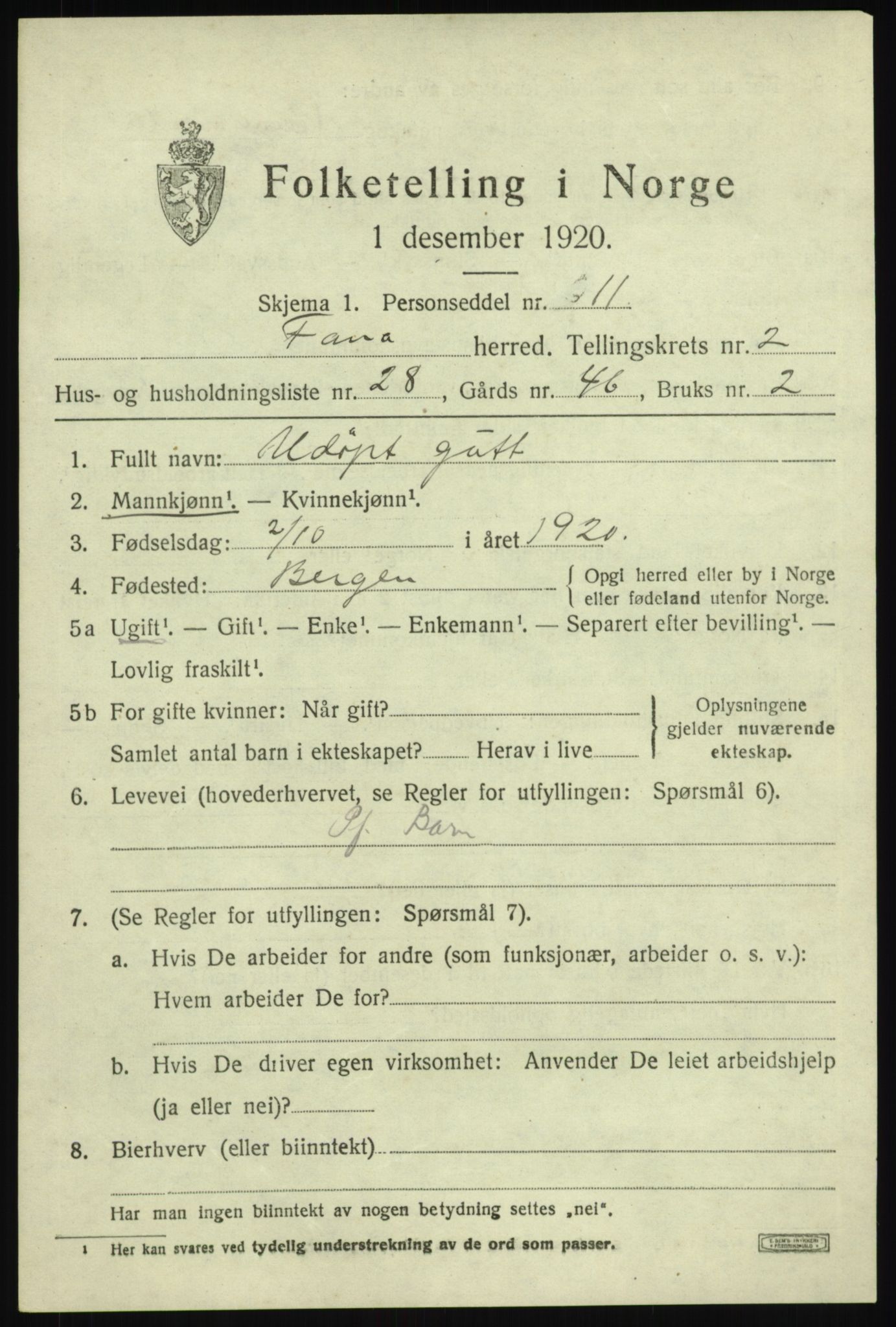 SAB, 1920 census for Fana, 1920, p. 4781