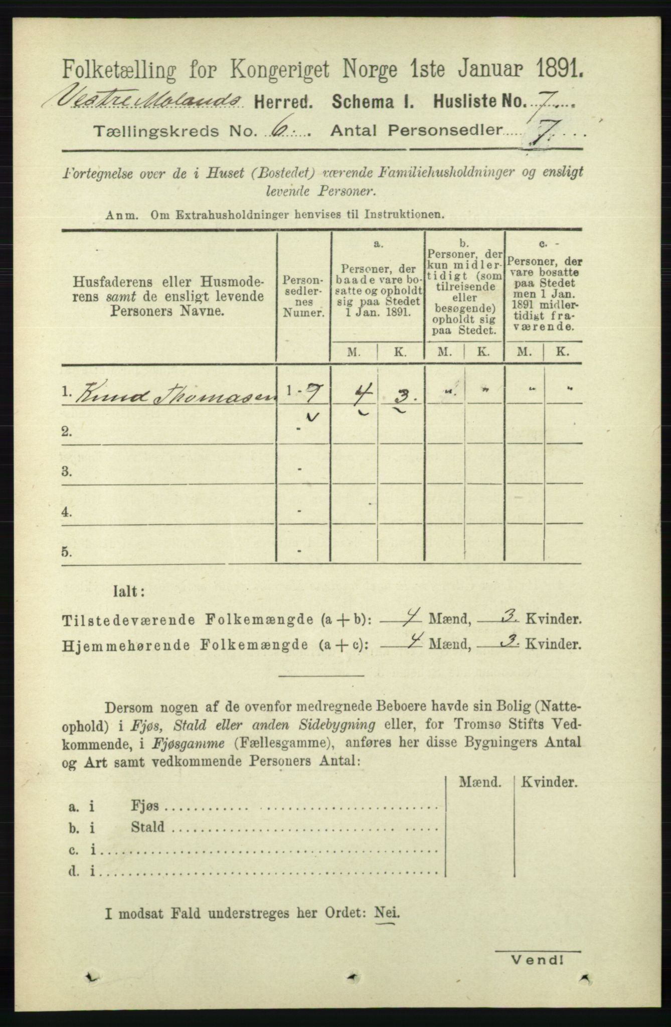 RA, 1891 census for 0926 Vestre Moland, 1891, p. 2276