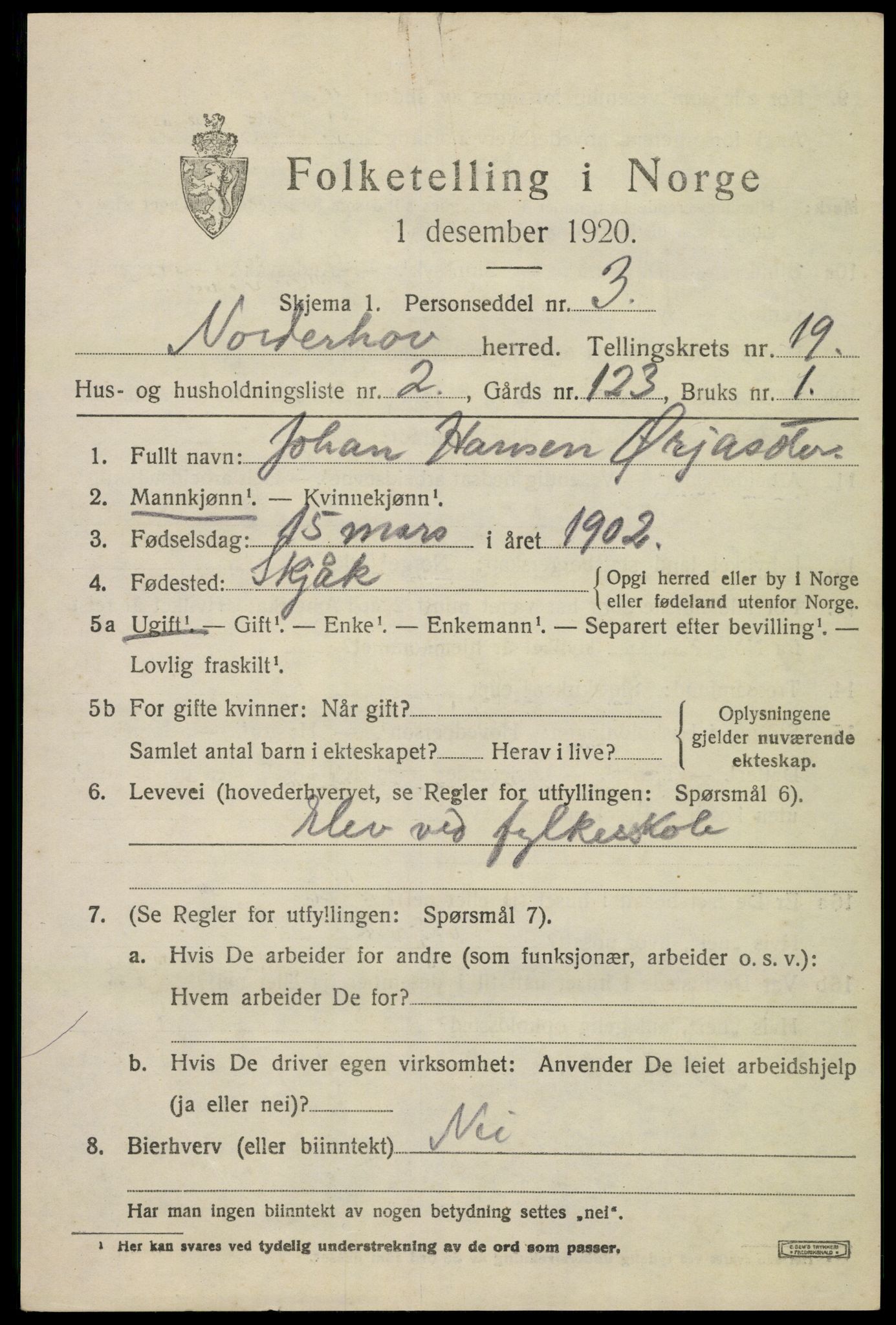 SAKO, 1920 census for Norderhov, 1920, p. 20320