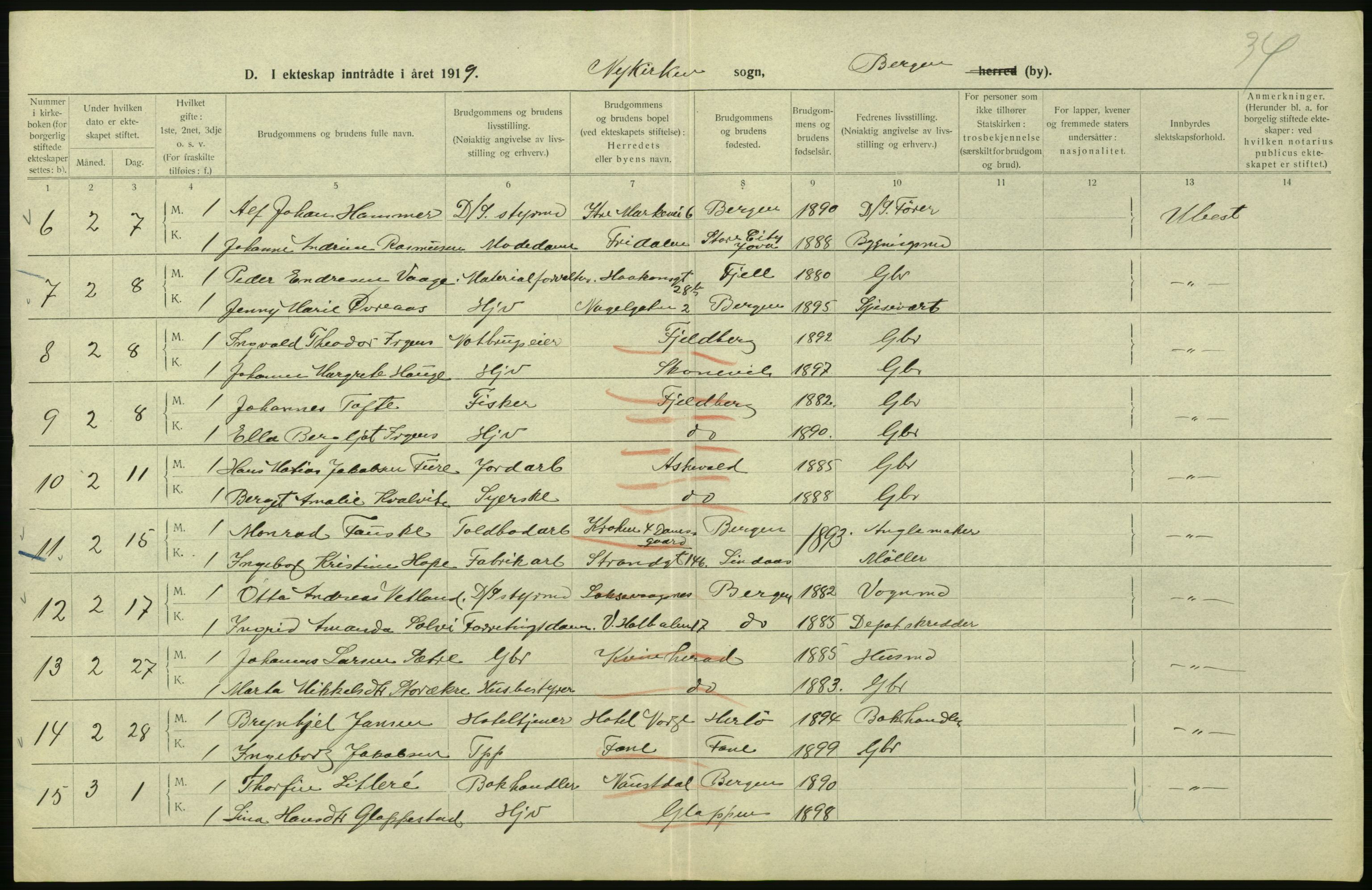 Statistisk sentralbyrå, Sosiodemografiske emner, Befolkning, RA/S-2228/D/Df/Dfb/Dfbi/L0035: Bergen: Gifte, døde, dødfødte., 1919, p. 166