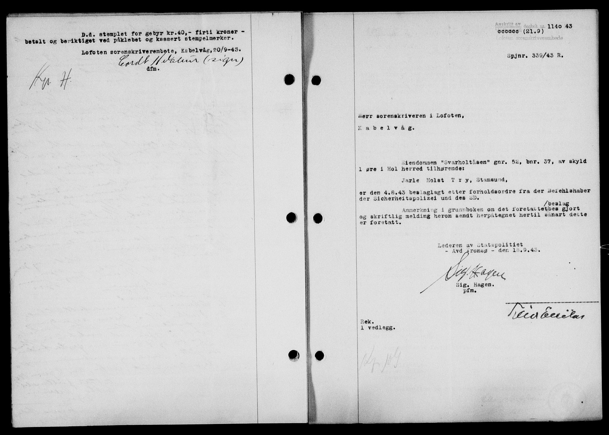 Lofoten sorenskriveri, SAT/A-0017/1/2/2C/L0011a: Mortgage book no. 11a, 1943-1943, Diary no: : 1140/1943