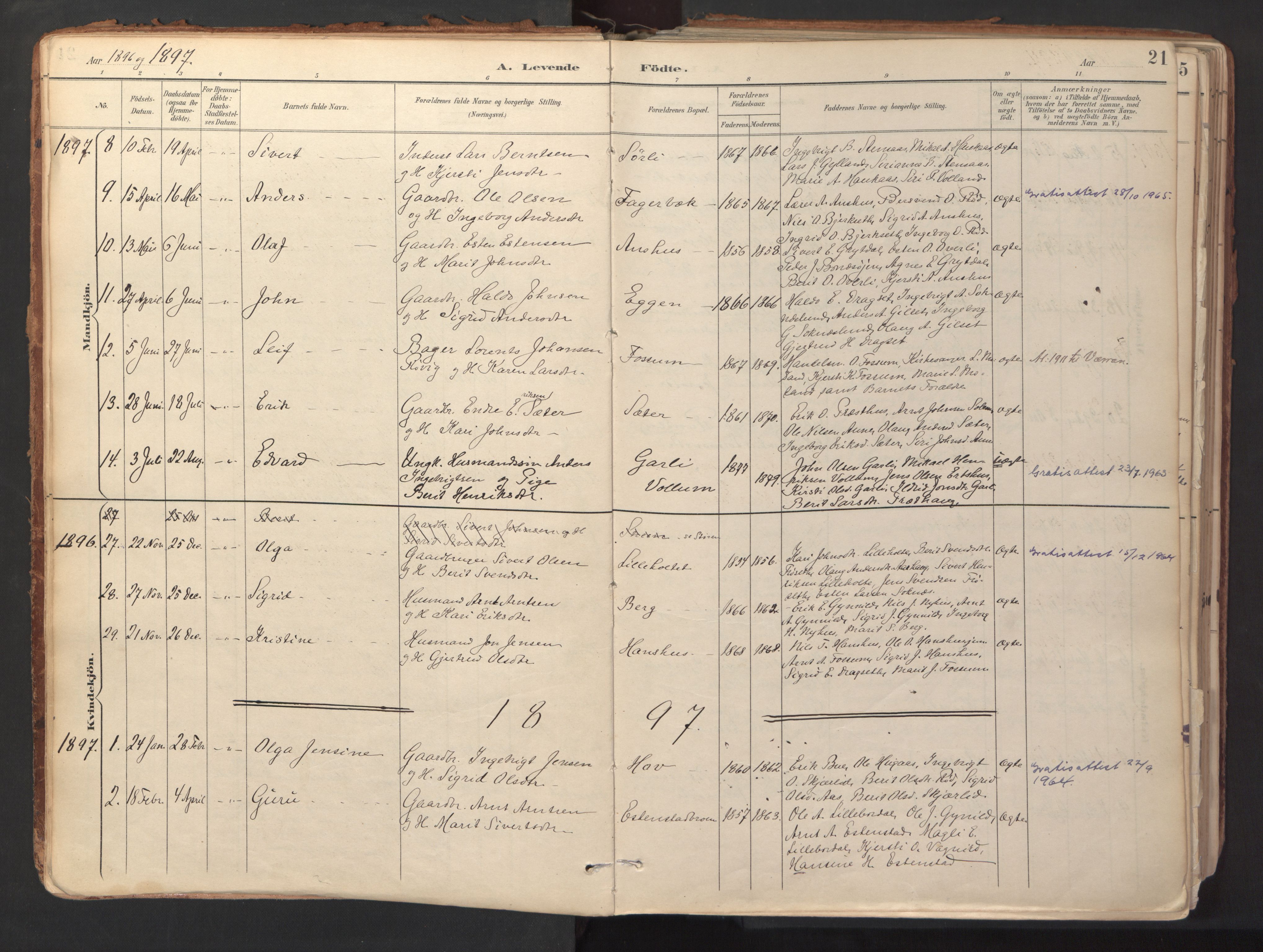 Ministerialprotokoller, klokkerbøker og fødselsregistre - Sør-Trøndelag, SAT/A-1456/689/L1041: Parish register (official) no. 689A06, 1891-1923, p. 21