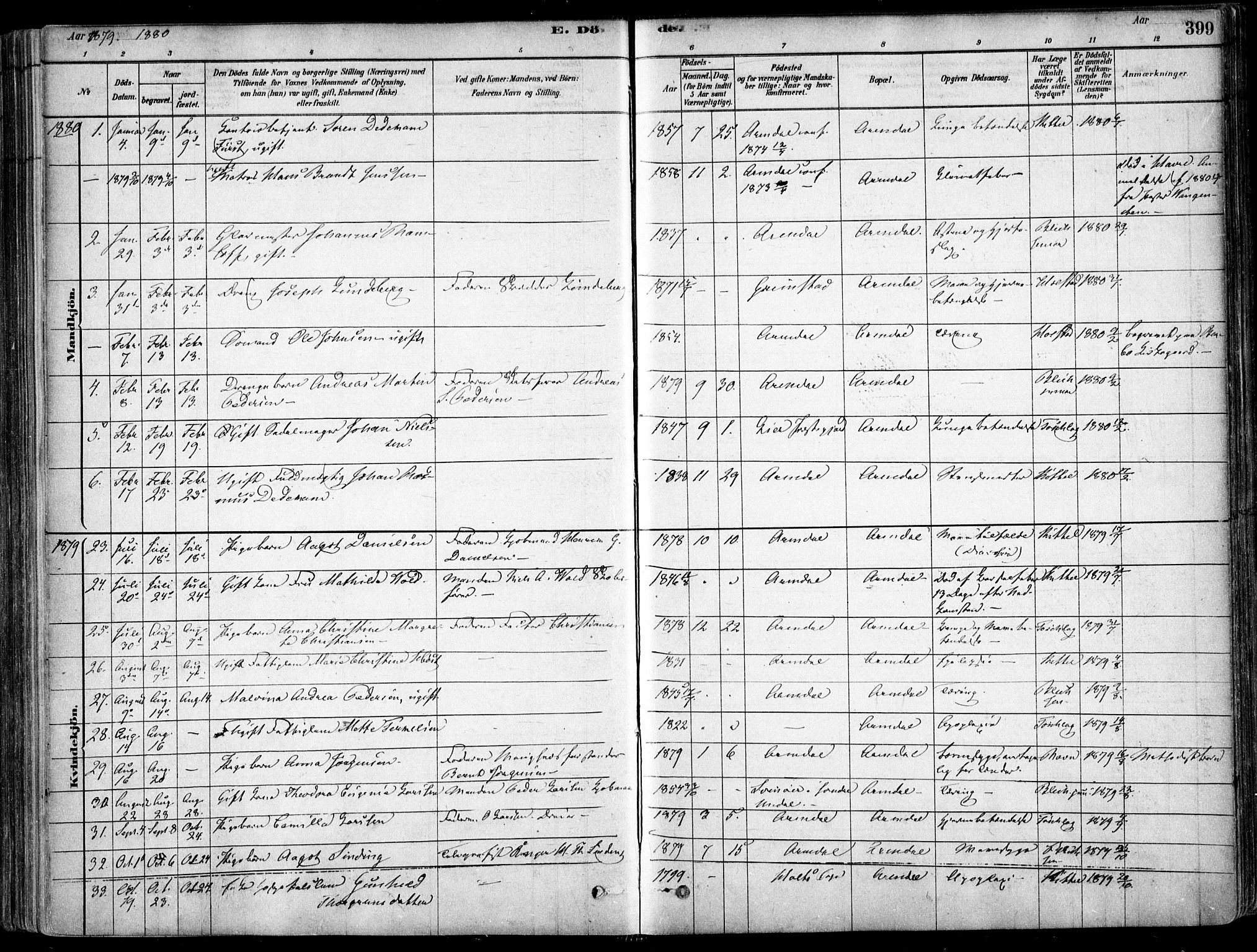 Arendal sokneprestkontor, Trefoldighet, SAK/1111-0040/F/Fa/L0008: Parish register (official) no. A 8, 1878-1899, p. 399