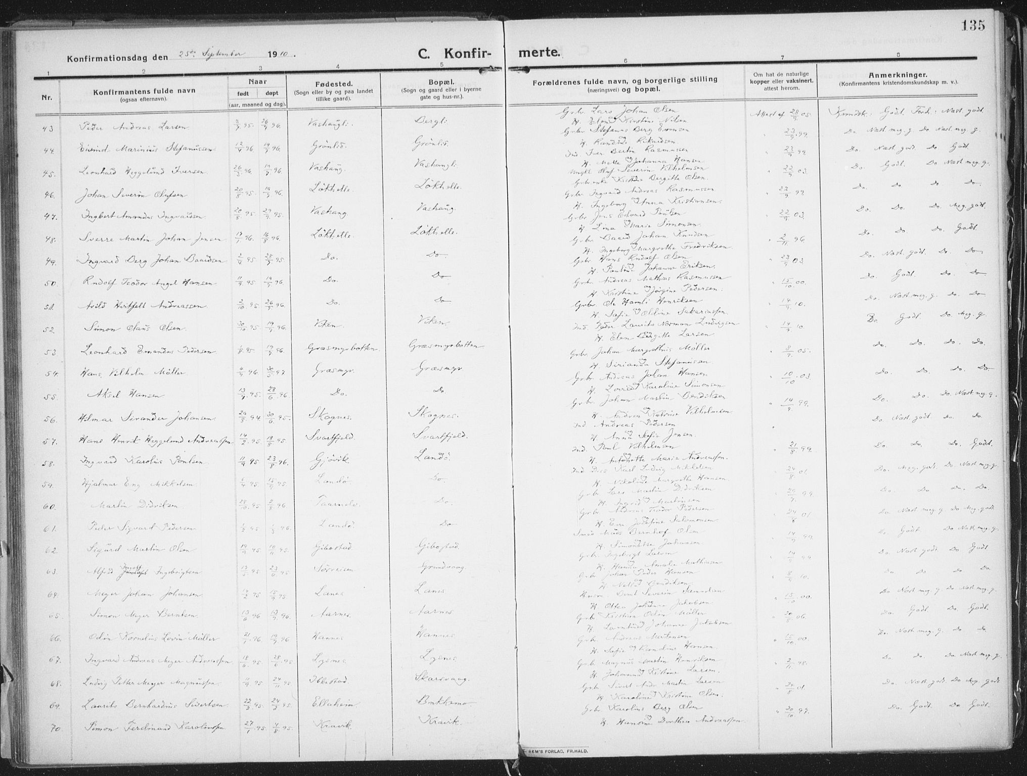 Lenvik sokneprestembete, AV/SATØ-S-1310/H/Ha/Haa/L0016kirke: Parish register (official) no. 16, 1910-1924, p. 135