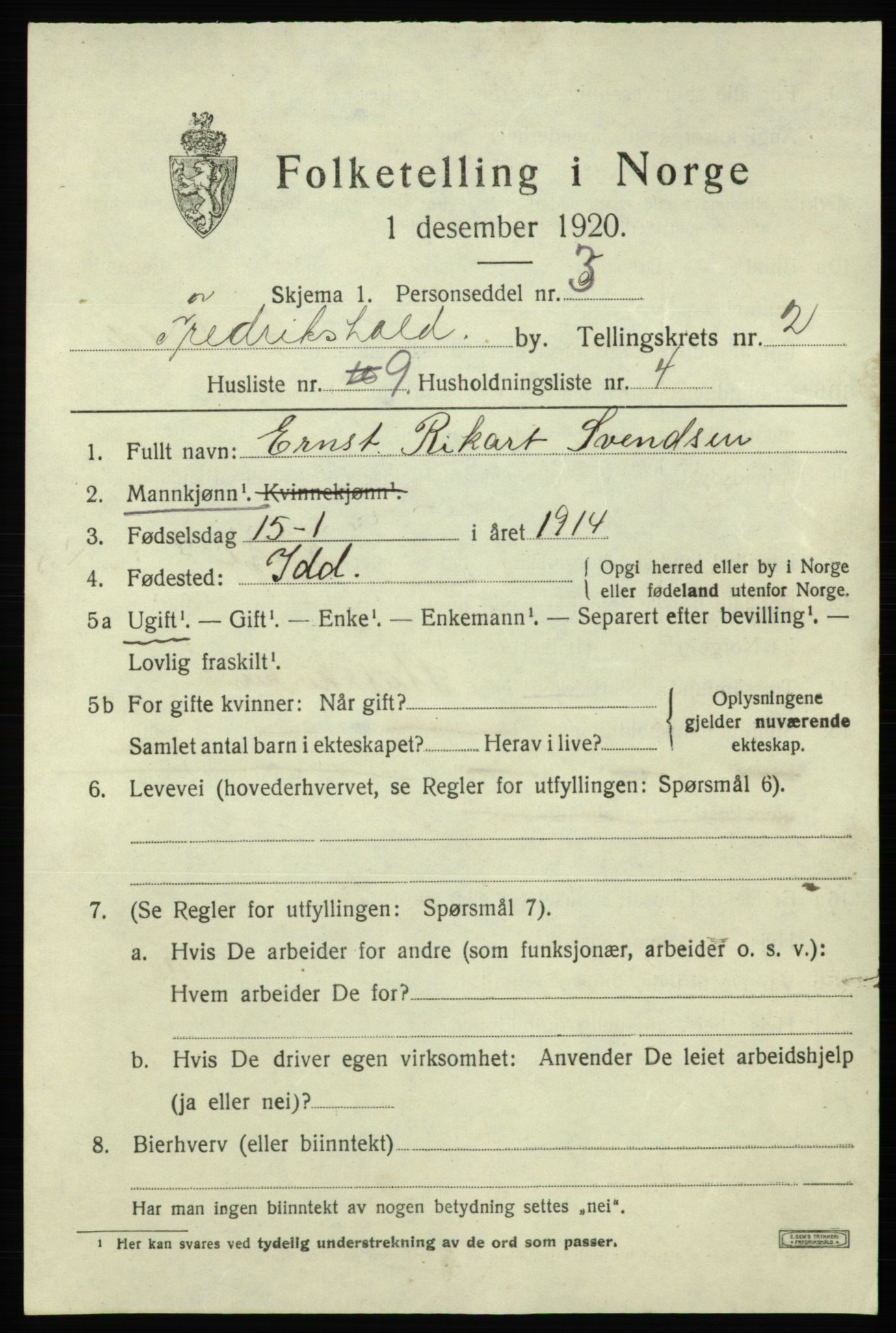 SAO, 1920 census for Fredrikshald, 1920, p. 9434