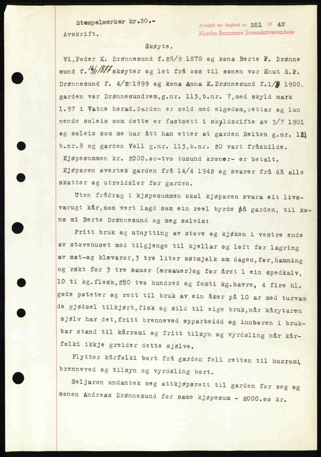 Nordre Sunnmøre sorenskriveri, AV/SAT-A-0006/1/2/2C/2Ca: Mortgage book no. A13, 1942-1942, Diary no: : 351/1942