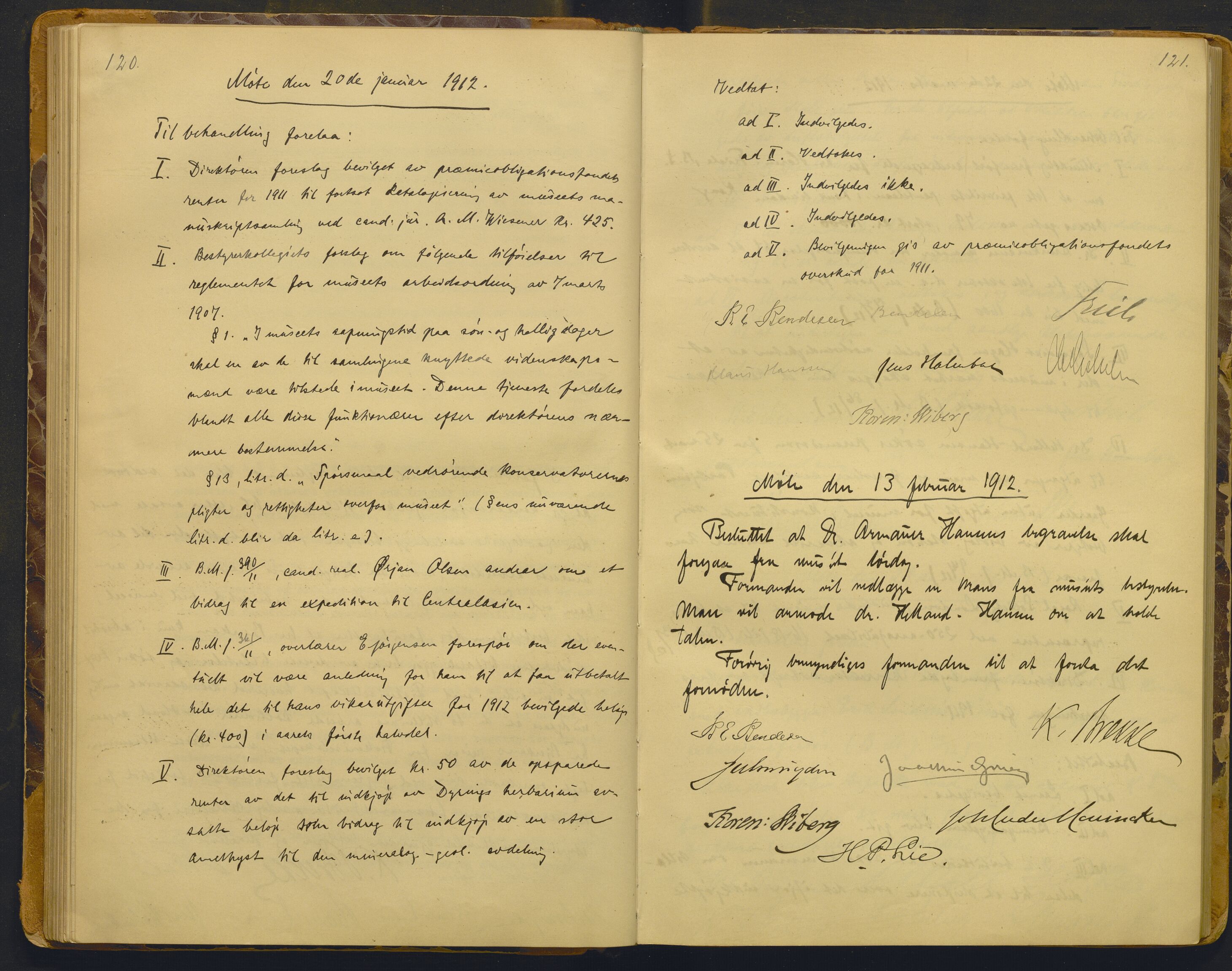Bergens Museum, AV/SAB-A-17301/02/A/L0008: Forhandlingsprotokoll med register , 1906-1927, p. 120-121