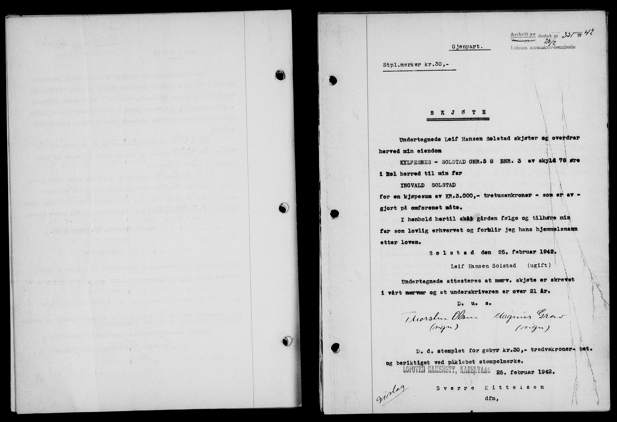 Lofoten sorenskriveri, SAT/A-0017/1/2/2C/L0009a: Mortgage book no. 9a, 1941-1942, Diary no: : 351/1942
