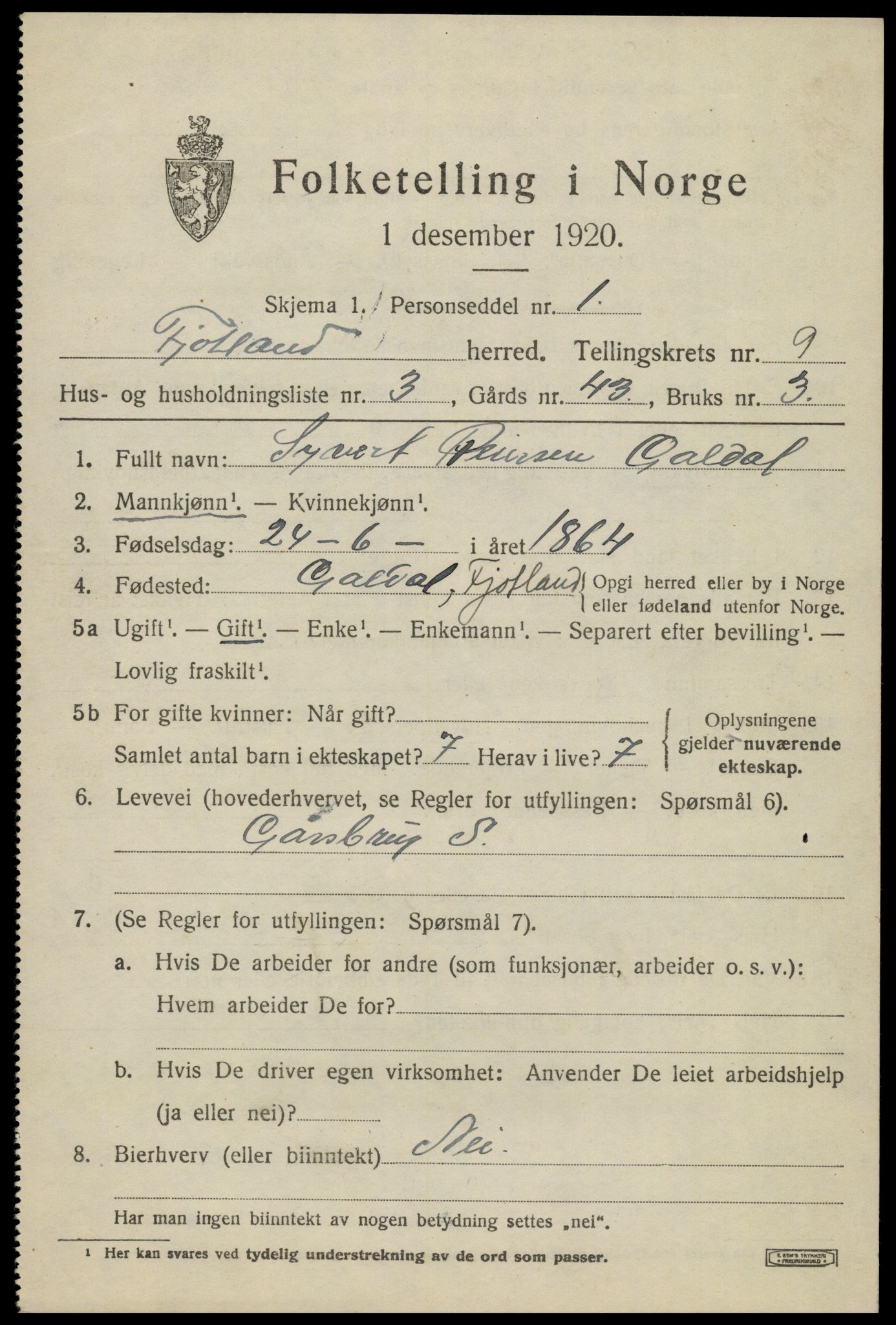 SAK, 1920 census for Fjotland, 1920, p. 2246