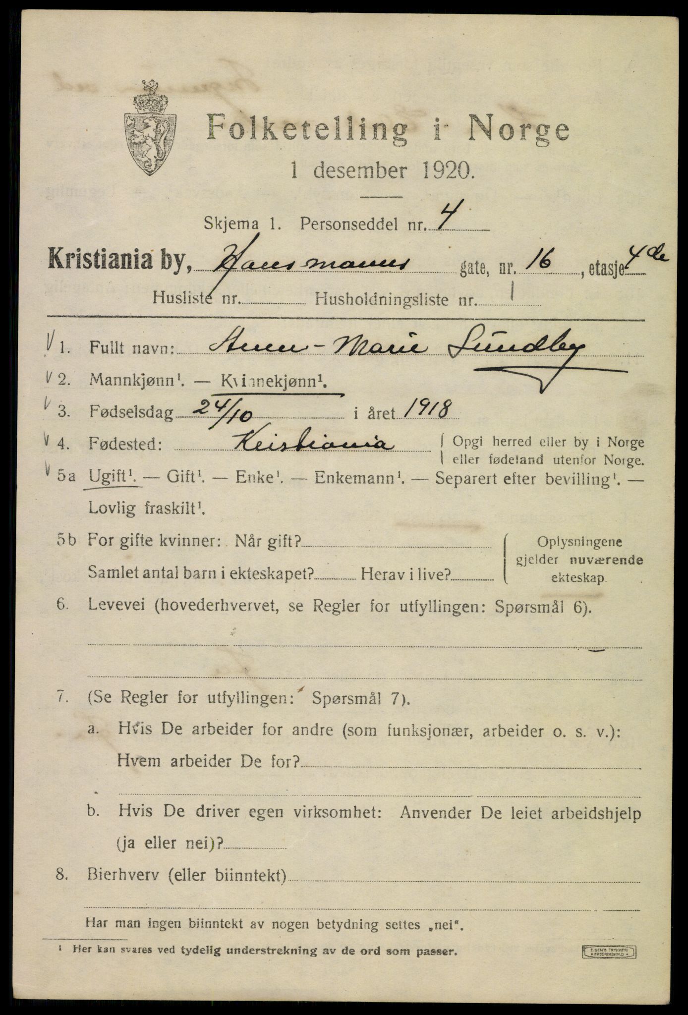 SAO, 1920 census for Kristiania, 1920, p. 272957