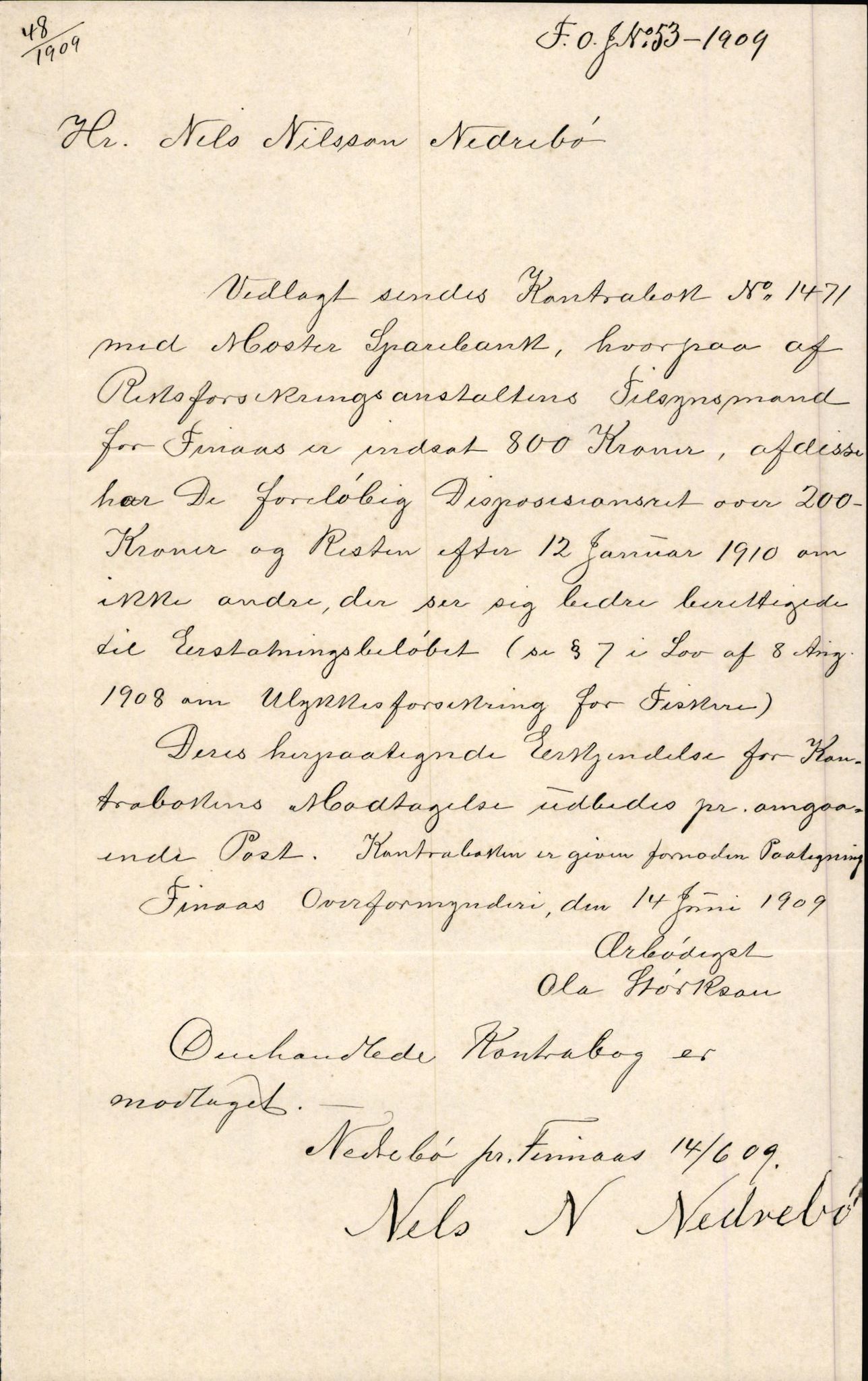 Finnaas kommune. Overformynderiet, IKAH/1218a-812/D/Da/Daa/L0002/0003: Kronologisk ordna korrespondanse / Kronologisk ordna korrespondanse, 1905-1909, p. 175