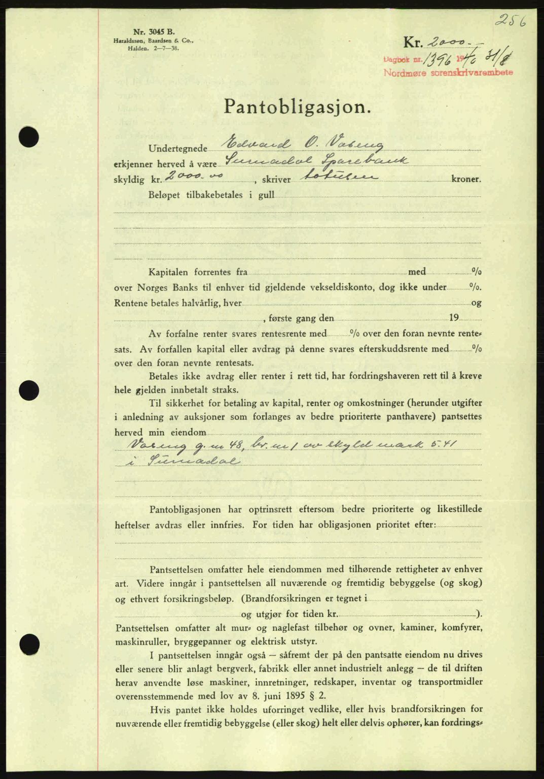 Nordmøre sorenskriveri, AV/SAT-A-4132/1/2/2Ca: Mortgage book no. B87, 1940-1941, Diary no: : 1396/1940