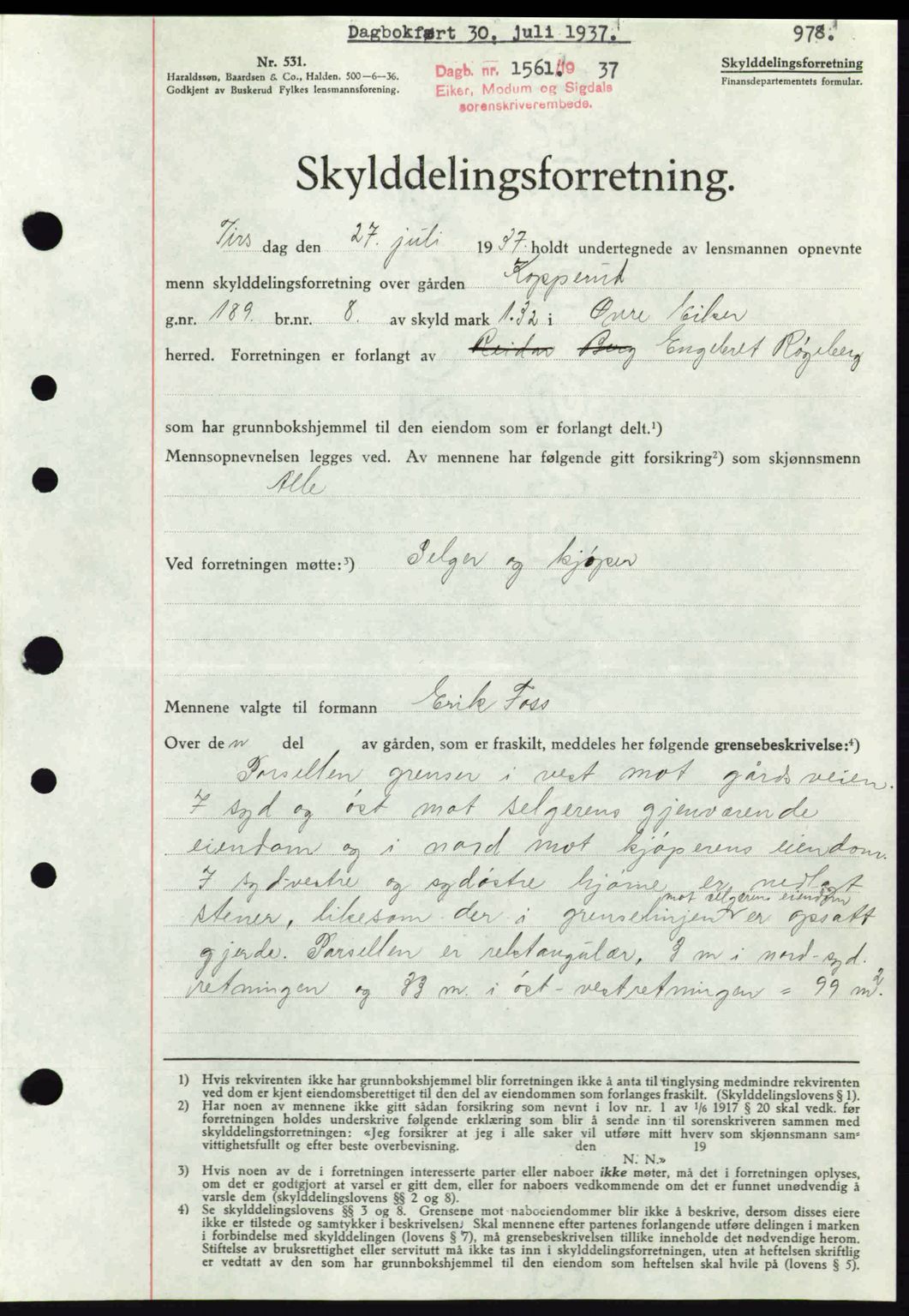 Eiker, Modum og Sigdal sorenskriveri, SAKO/A-123/G/Ga/Gab/L0035: Mortgage book no. A5, 1937-1937, Diary no: : 1561/1937