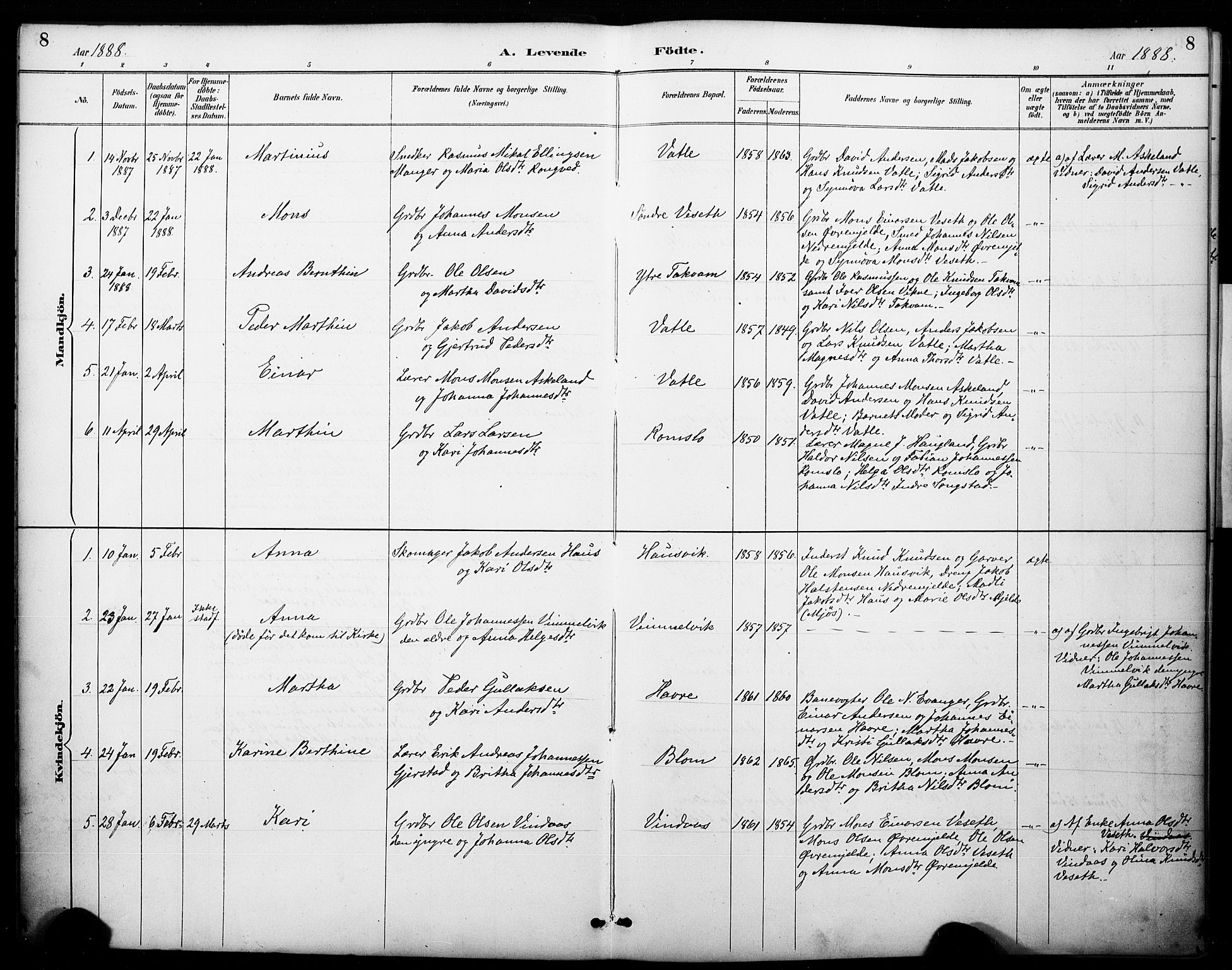 Haus sokneprestembete, AV/SAB-A-75601/H/Haa: Parish register (official) no. B 1, 1887-1898, p. 8