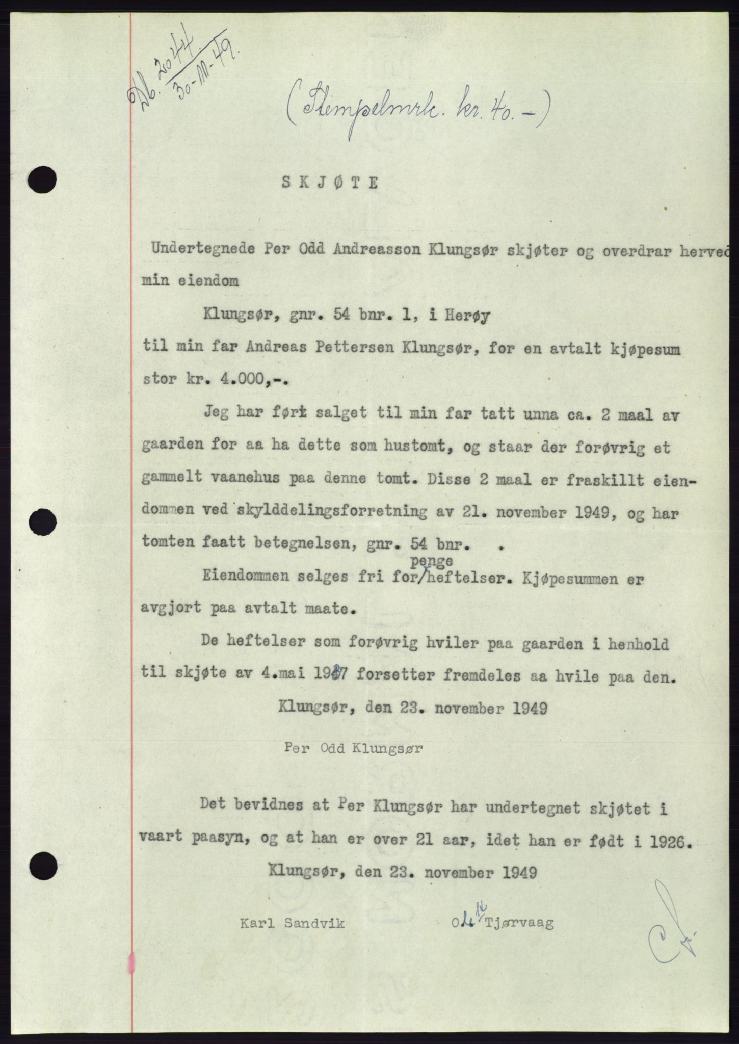 Søre Sunnmøre sorenskriveri, AV/SAT-A-4122/1/2/2C/L0085: Mortgage book no. 11A, 1949-1949, Diary no: : 2044/1949